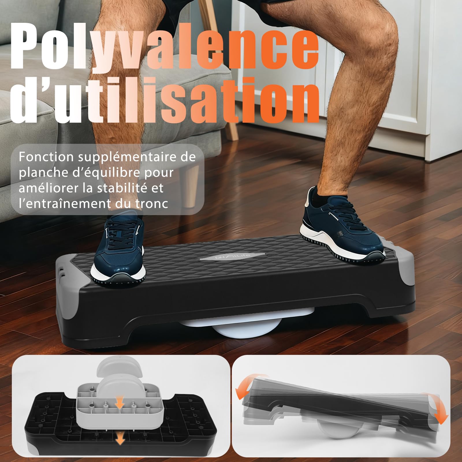 DH FitLife Stepper pour la maison | Balance Training | Planche de step réglable 10/15 cm | Stepper aérobic & Step Up | Fitness, renforcement musculaire & entraînement de coordination