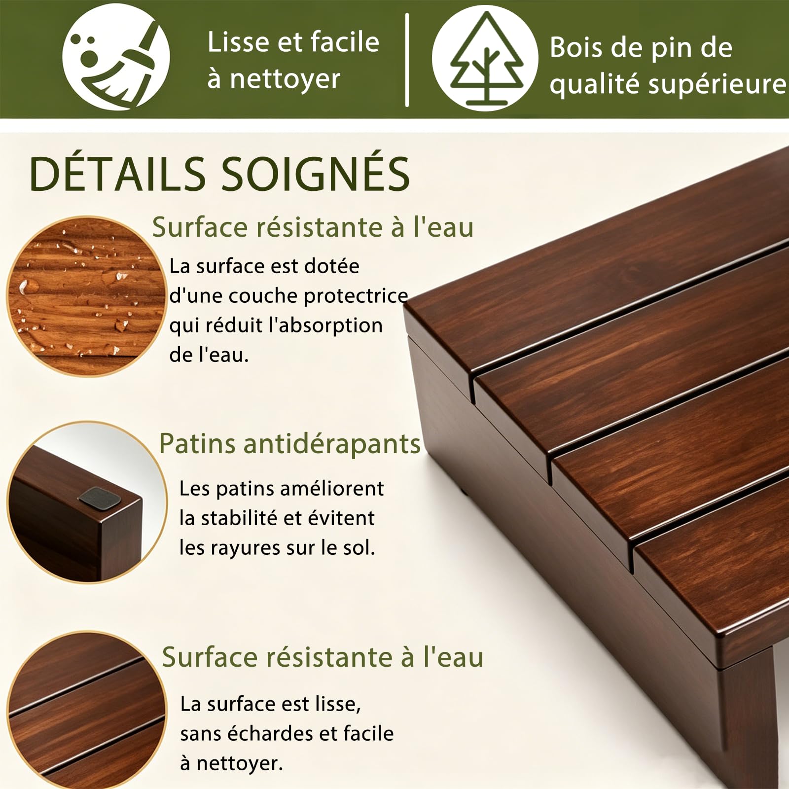 Marche Pied Bois,Marche Pied pour Enfants,Marche De Chevet pour Personnes Âgées,Marchepied D'escalier, Antidérapant,Durable,Conception en Bois,Lit, Salle De Bains, Cuisine, Personnes Âgées,Enfant.