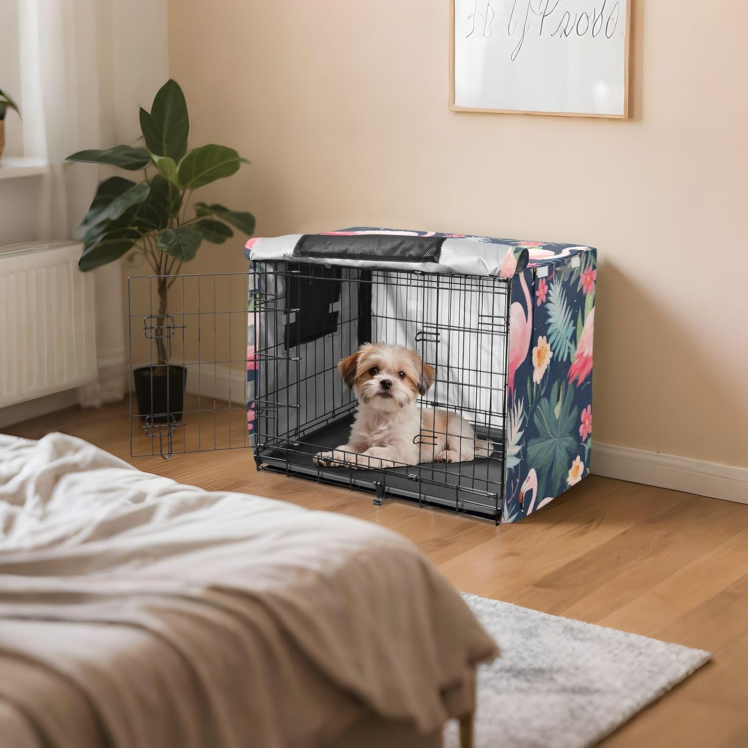 Pink Flamingo Leaves Dog Crate Cover Windproof, S-XL Breathable Crate Cover for Pet Owners, Large