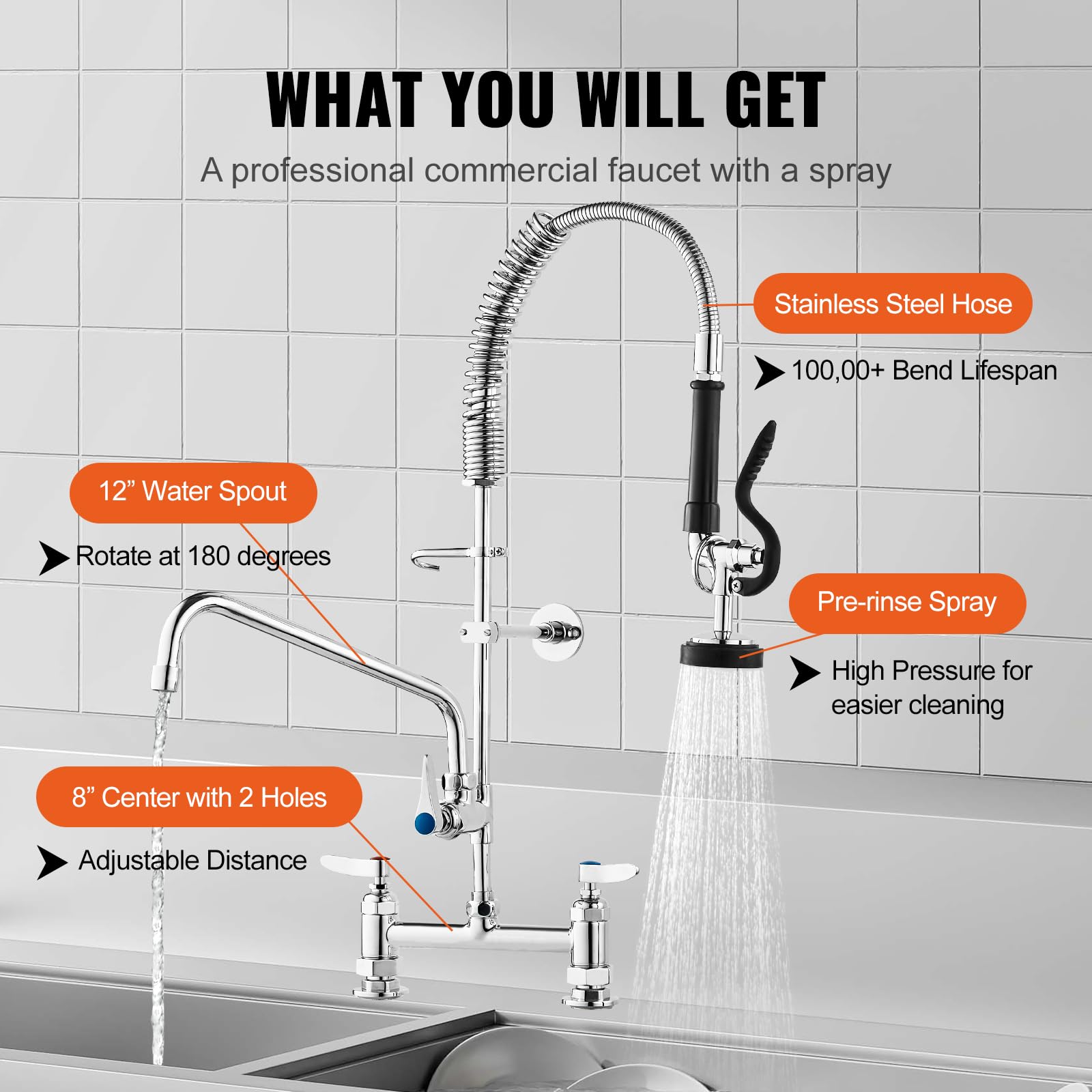 VEVOR Robinet de Cuisine Commercial avec Pulvérisateur de Pré-rinçage, Mitigeur avec Douchette Extractible, 660 mm de Haut, Entraxe 203 mm, Bec Pivotant 305 mm, Montage sur Pont, pour Évier Rstaurant