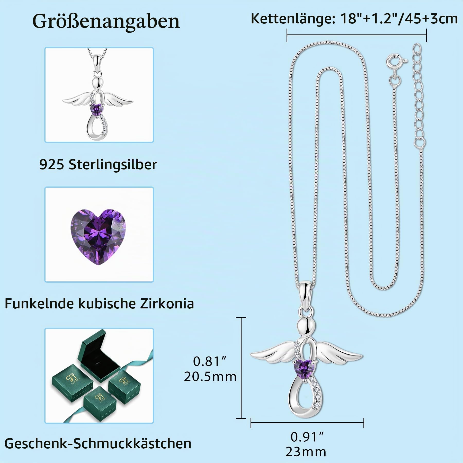 FJ Schutzengel Halskette Anhänger 925 Sterling Silber Infinity Unendlichkeit Kette mit Zirkonia Geburtsstein Engel Schmuck Geschenke für Frauen Mädchen