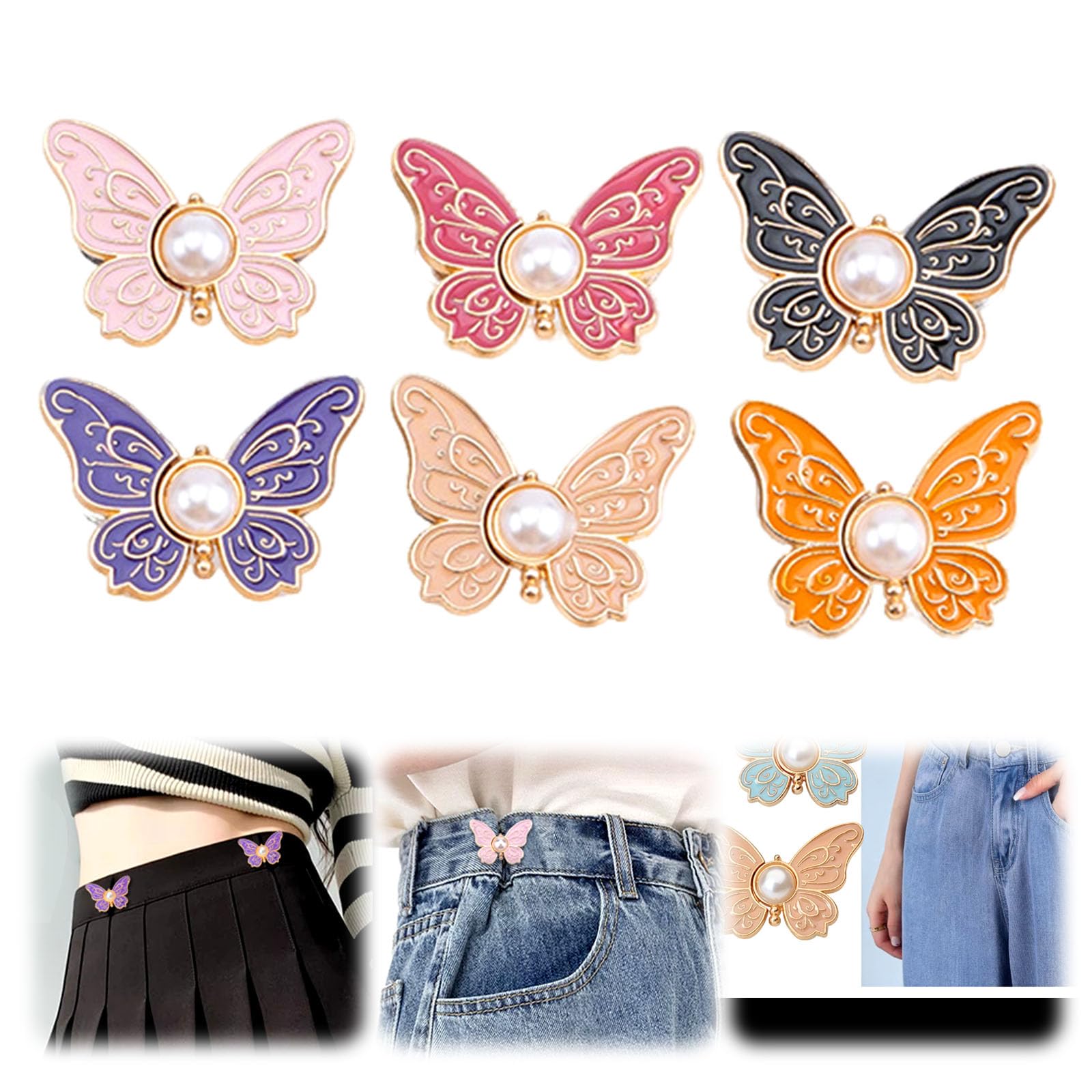 Women's 6Pcs Butterfly Waist Tighteners, 2026 New Jean Buttons Pins, Adjustable Waist Buckle Pants Clips