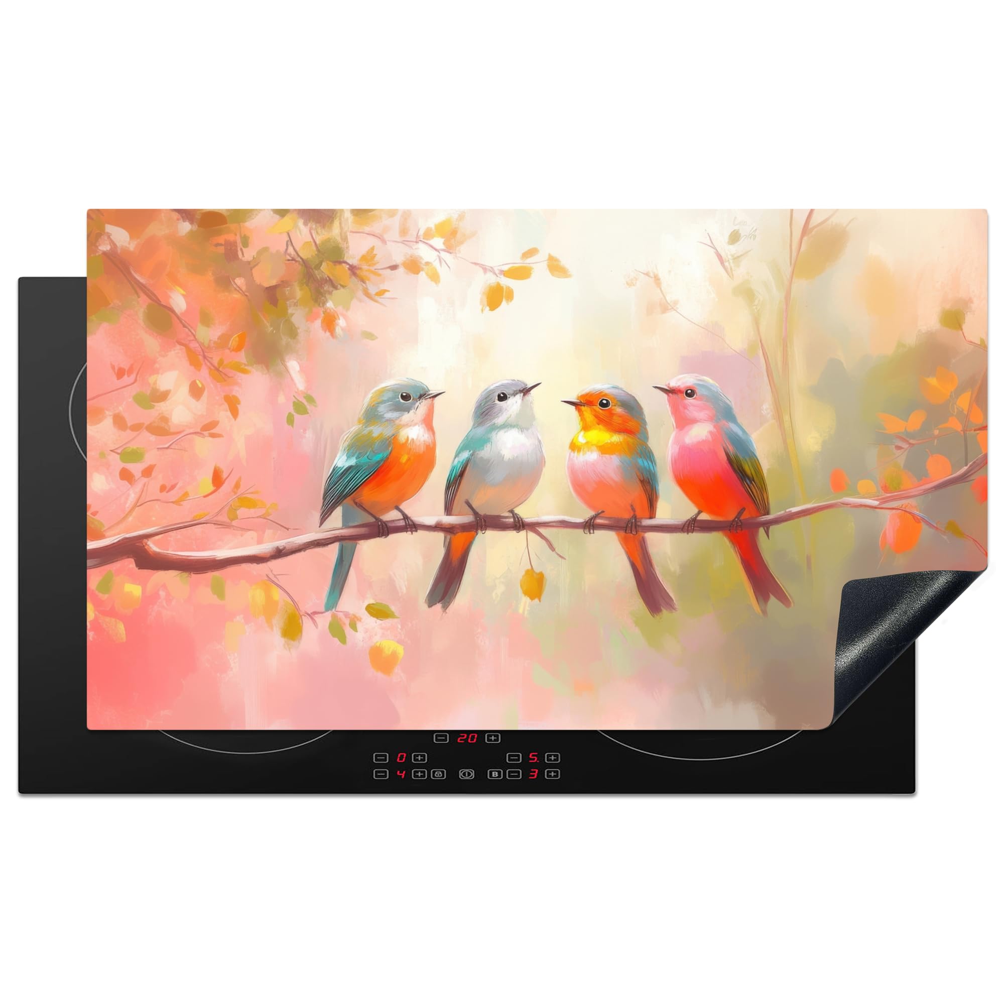 KitchenYeah© Induction Hob Cover Protector Mat 20.5"x35.4" / 90x52 cm Kitchen Universal Ceramic Covers for Electric Cookers Vinyl Birds - Colourful - Branch — image 1