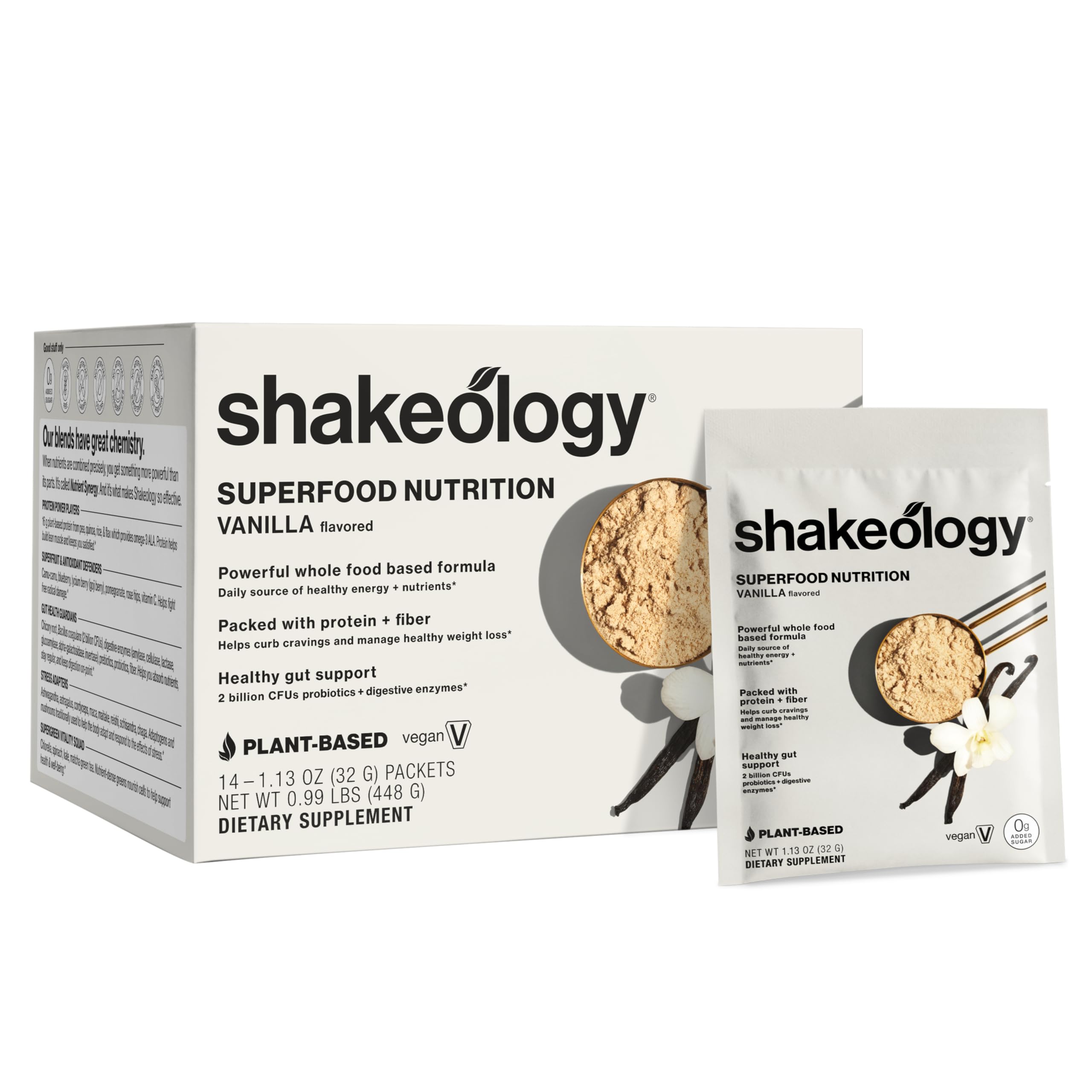 BODi Shakeology 0g Added Sugar Plant-Based Vegan Protein Powder – Gluten-Free Superfood Shake with Vitamins & Minerals – Helps Support Healthy Weight Loss & Gut Health, Vanilla, 14 Individual Packets