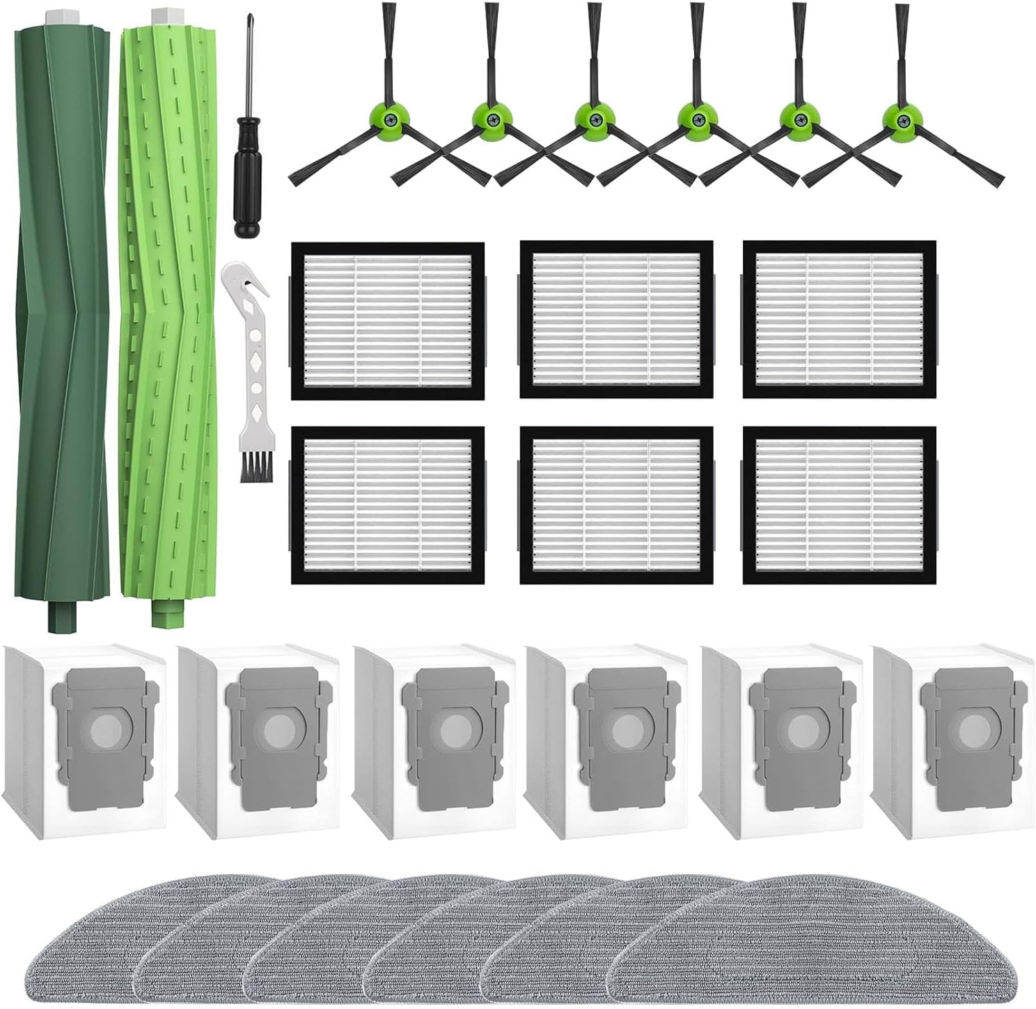 28PCS Accessories Replacement Kit for iRobot Roomba Combo i5, i5+, j5, j5+ Robot Vacuum and Mop Cleaner Dual Main Brush, 6 Side Brushes, 6 Hepa Filters, 6 Dust Bag, 6 Mop Cloths, Clean Tools