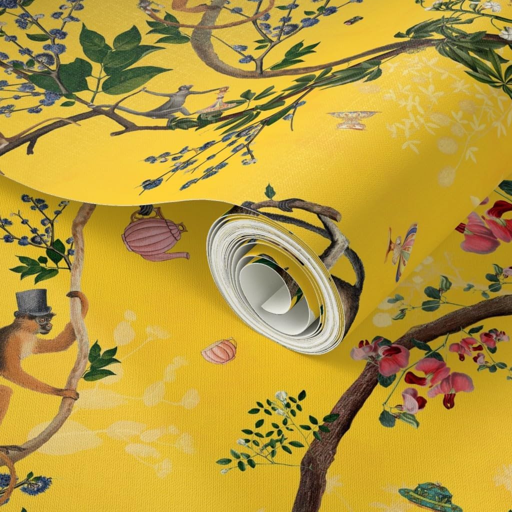 Peel & Stick Wallpaper Swatch - Yellow Gold Chinoiserie Maximalist Monkey World Tree Plant Jungle Custom Removable Wallpaper by Spoonflower