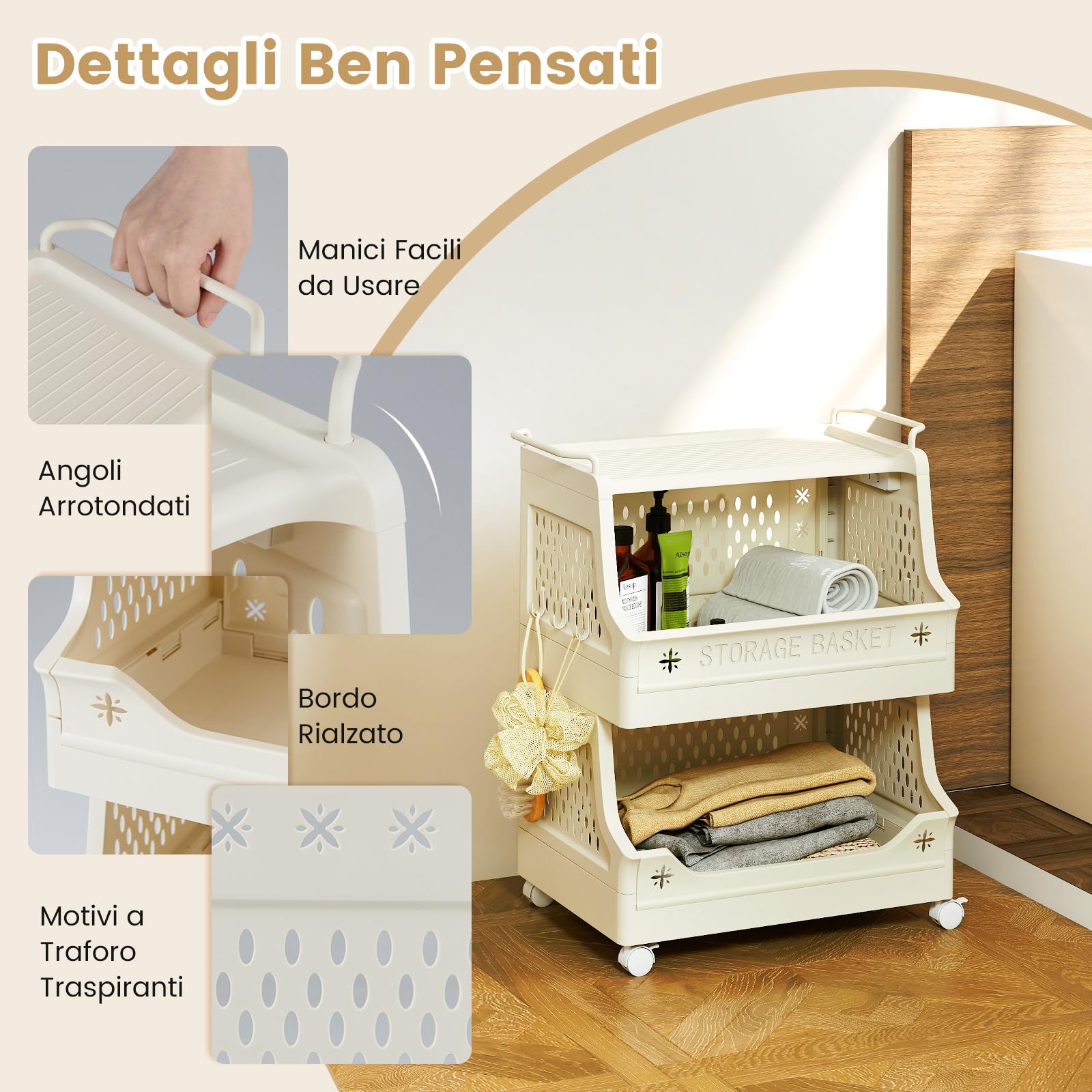 COSTWAY Carrello Portaoggetti Impilabile a 3 Piani con Ruote, Organizzatore in Plastica con Maniglie e Ganci, per Lavanderia, Bagno e Soggiorno (3 Livelli)