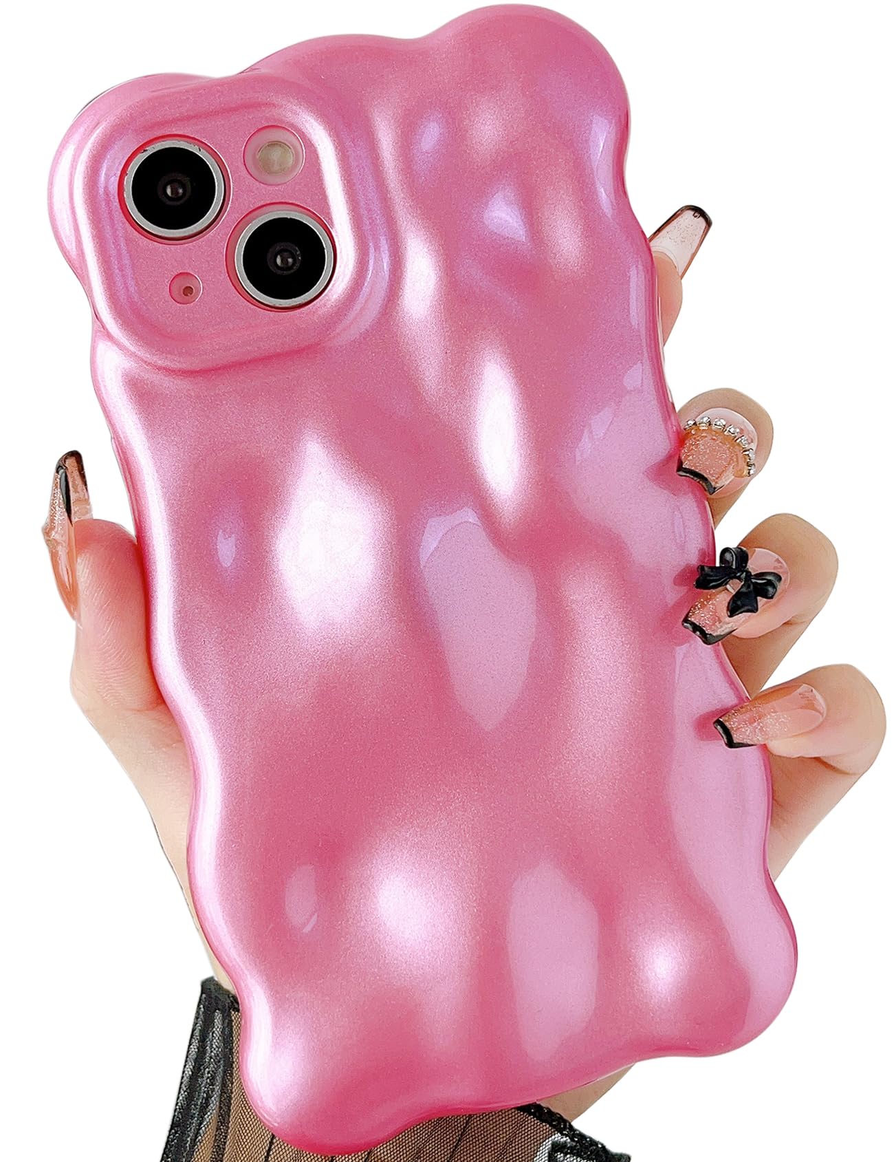 Qokey Compatible for iPhone 15 Plus Case,Bling Glitter Cute Curly Wavy Design Laser 3D Stone Pattern Shockproof Camera Lens Protection,Pink