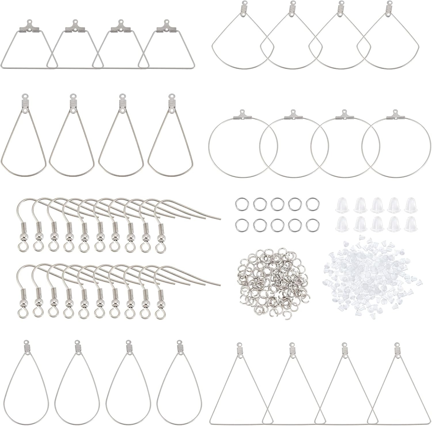 UNICRAFTALE About 180pcs 5 Types Hypoallergenic Hollow Hoop Earring Stainless Steel Earring Hooks with Wire Pendants and Plastic Ear Nuts for DIY Earrings Jewelry Making Stainless Steel Color