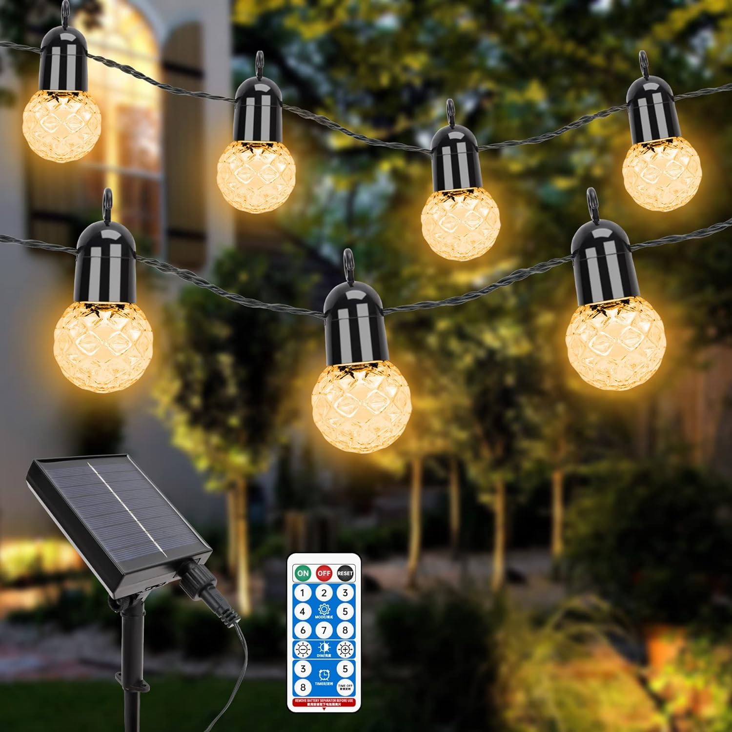 Łańcuch świetlny solarny do użytku na zewnątrz, łańcuch świetlny G40 z 15,5 m / 25 żarówkami LED, ciepła biel, 2700 K, solarny łańcuch świetlny z pilotem zdalnego sterowania, do dekoracji
