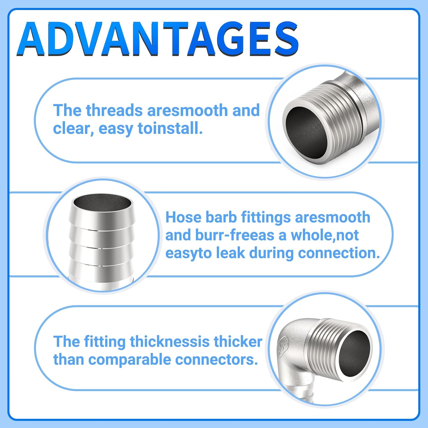 ChillWaves 304 Stainless Steel Air Hose Fittings, 90 Degree Elbow Hose Barb Fittings 3/4" Barb x 3/4" NPT Male Thread Adapter with Hose Clamps(3-PACK)