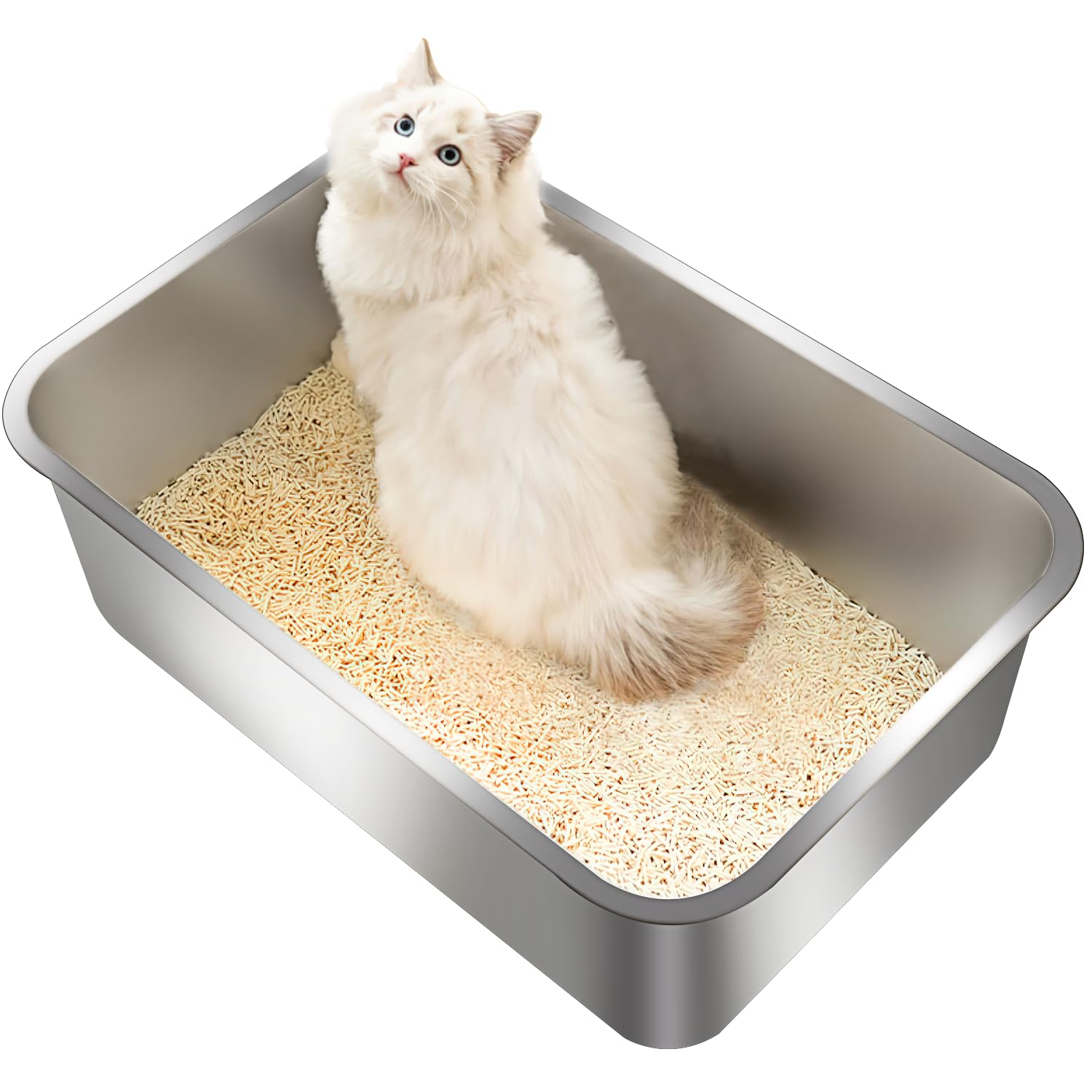 Stainless Steel Cat Litter Box for Big Cats,PETNF Extra Large Metal Litter Boxes 23" L x 15" W x 6" H, Non Stick Smooth Surface,Stain&Rust-Resistant,Rounded Edges,Easy to Clean