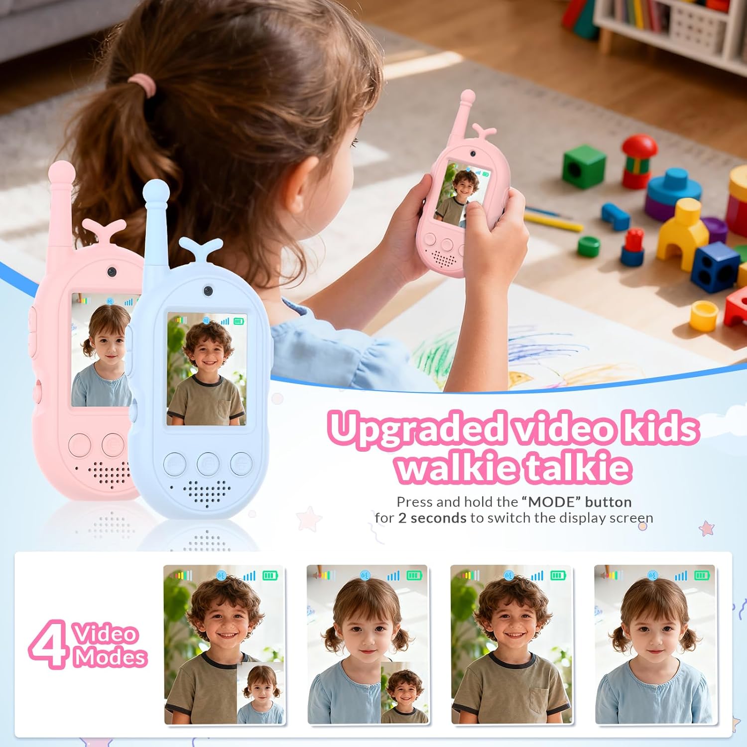 Video Walkie Talkies for Kids, 2 Pack Kids Walkie Talkies Rechargeable, Voice Changer & Sticker Effect,Long Range Toys for Family Games, Outdoor Camping, Gifts for Boys and Girls Ages 3-12 - Image 4