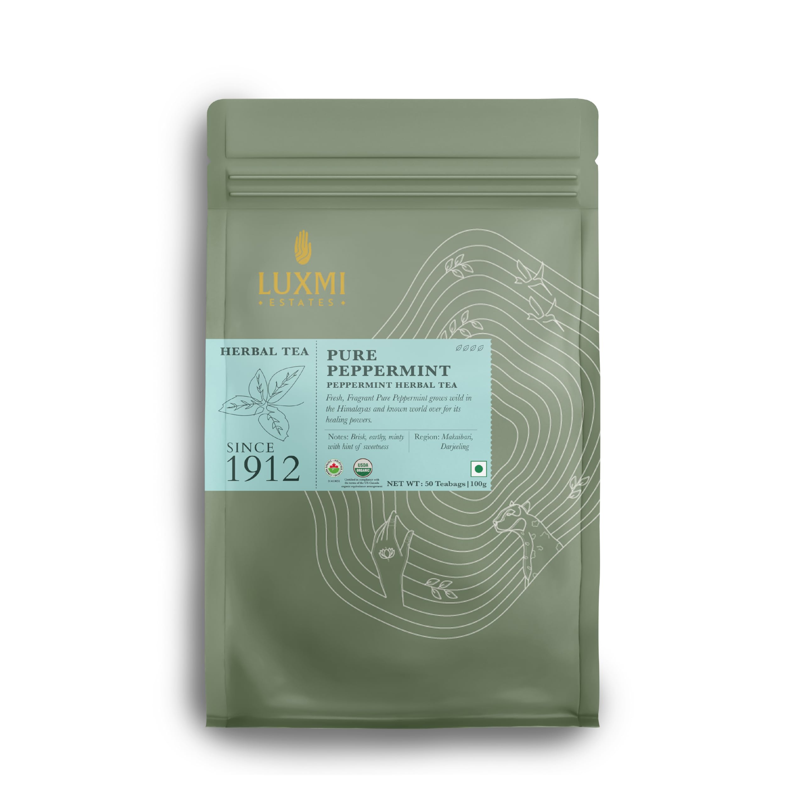 Luxmi Estates Purely Peppermint 50 Tea Bags (100g) Pack | USDA Certified Organic Herbal Tea | Mint Tea Best for Night Time | 50 Cups Bulk Pack