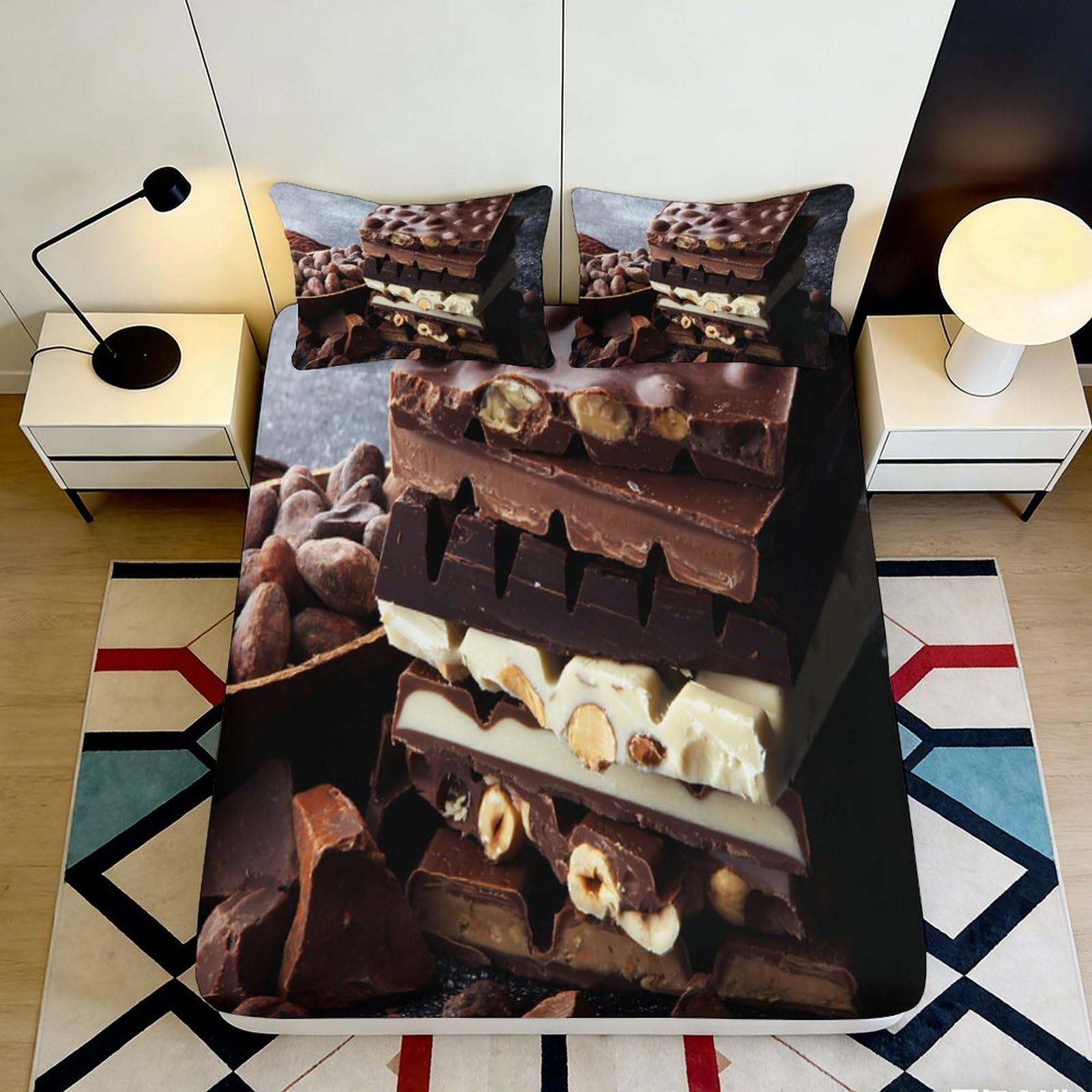 3D Printed Chocolate Theme Fitted Sheet Microfiber Deep Pocket Bedroom Bedding Wrap Chocolate Mattress Fitted Cover for Adults Teens 200x200x25cm 90x200x25cm