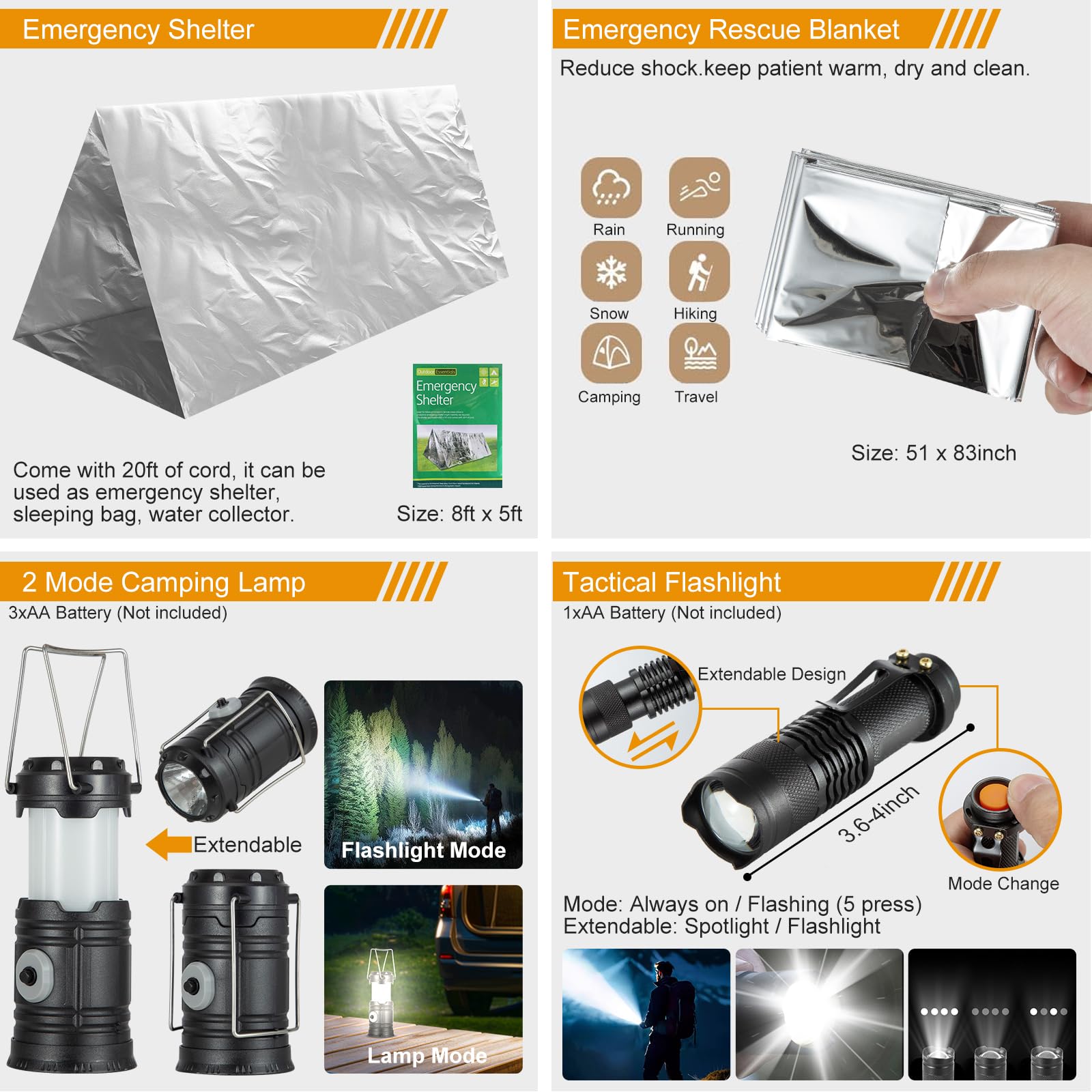 Kit de supervivencia, bolsa de 360 piezas con kit de primeros auxilios. Hacha de camping, pala de supervivencia, herramientas ideales para camping, senderismo