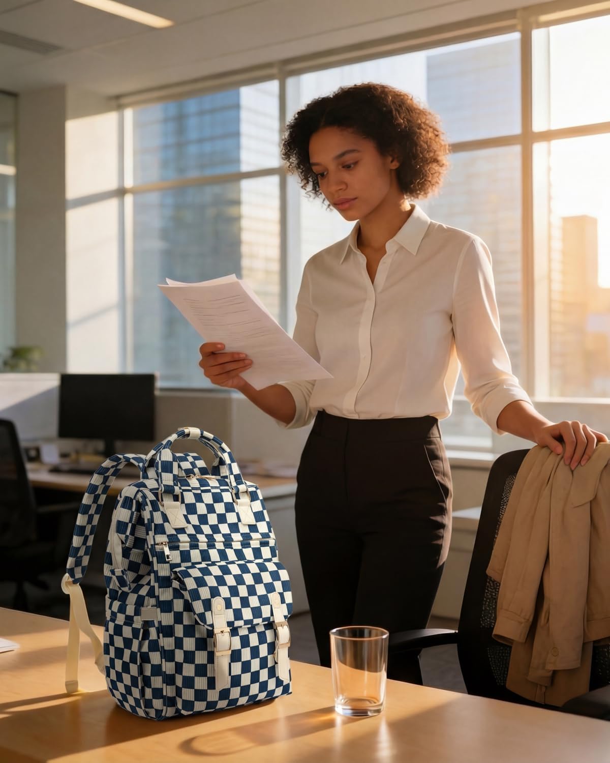 Laptop Backpacks for Women, Corduroy High School College Bookbag 15.6 Inch Laptop Bags for Girls Travel Daypack - Checkered Navy Blue - Image 8