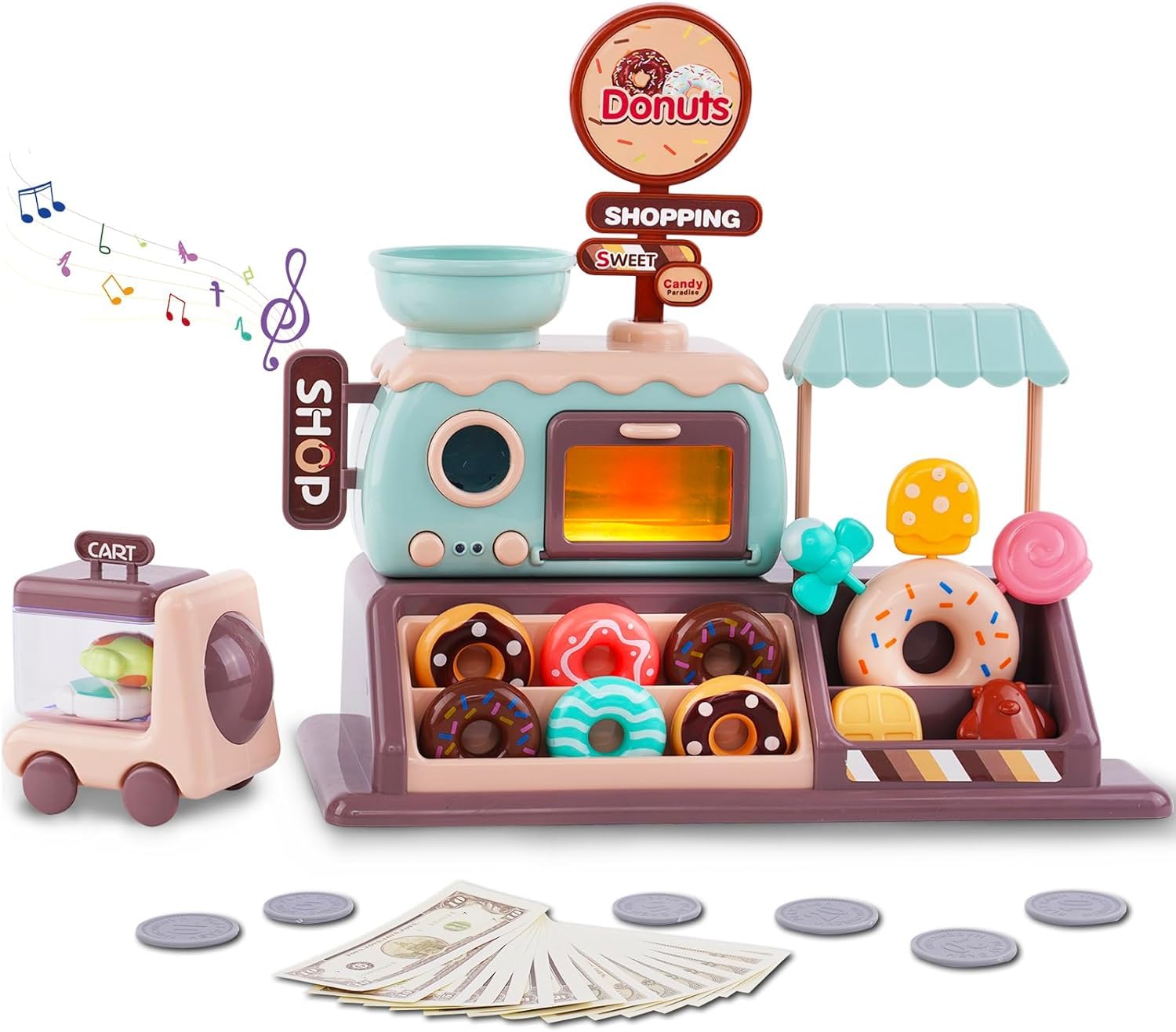 Pretend Play Shop Playset with Lights and Music, Mini Donut Shop Toy with Donut Maker Machine and Oven