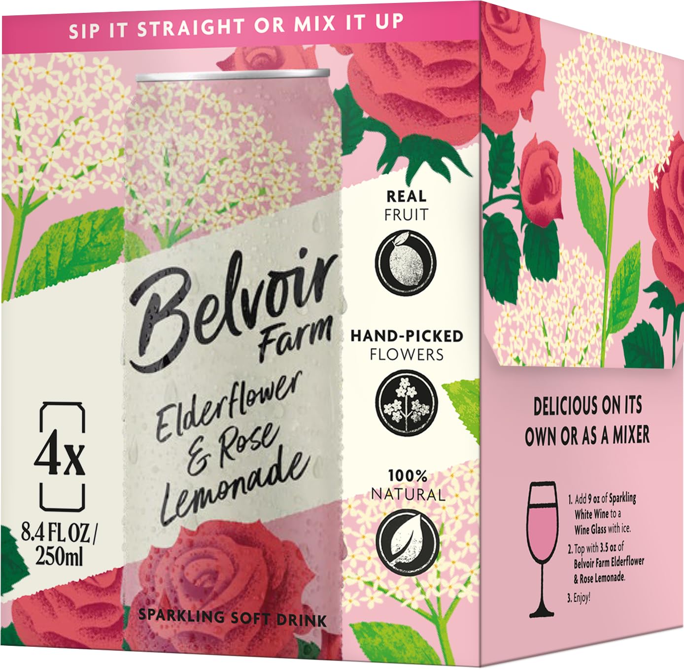 BelvoirFarm Elderflower & Rose Sparkling Lemonade | Delicious On It's Own Or As A Mixer | Product of UK | 4 Cans, 8.4 fl oz (250mL)