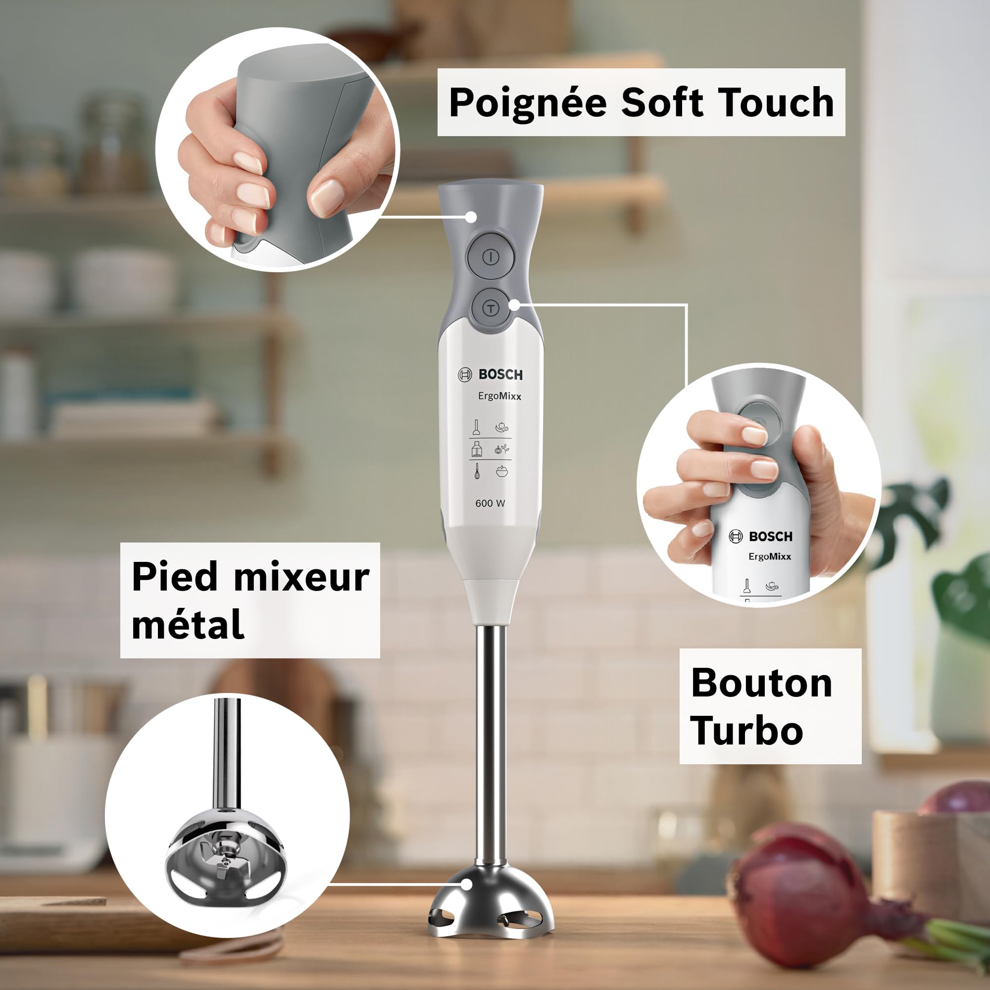 Bosch Mixeur plongeant ErgoMixx, moteur 600 W, 2 vitesses, gobelet doseur, blanc/gris, MSM66110