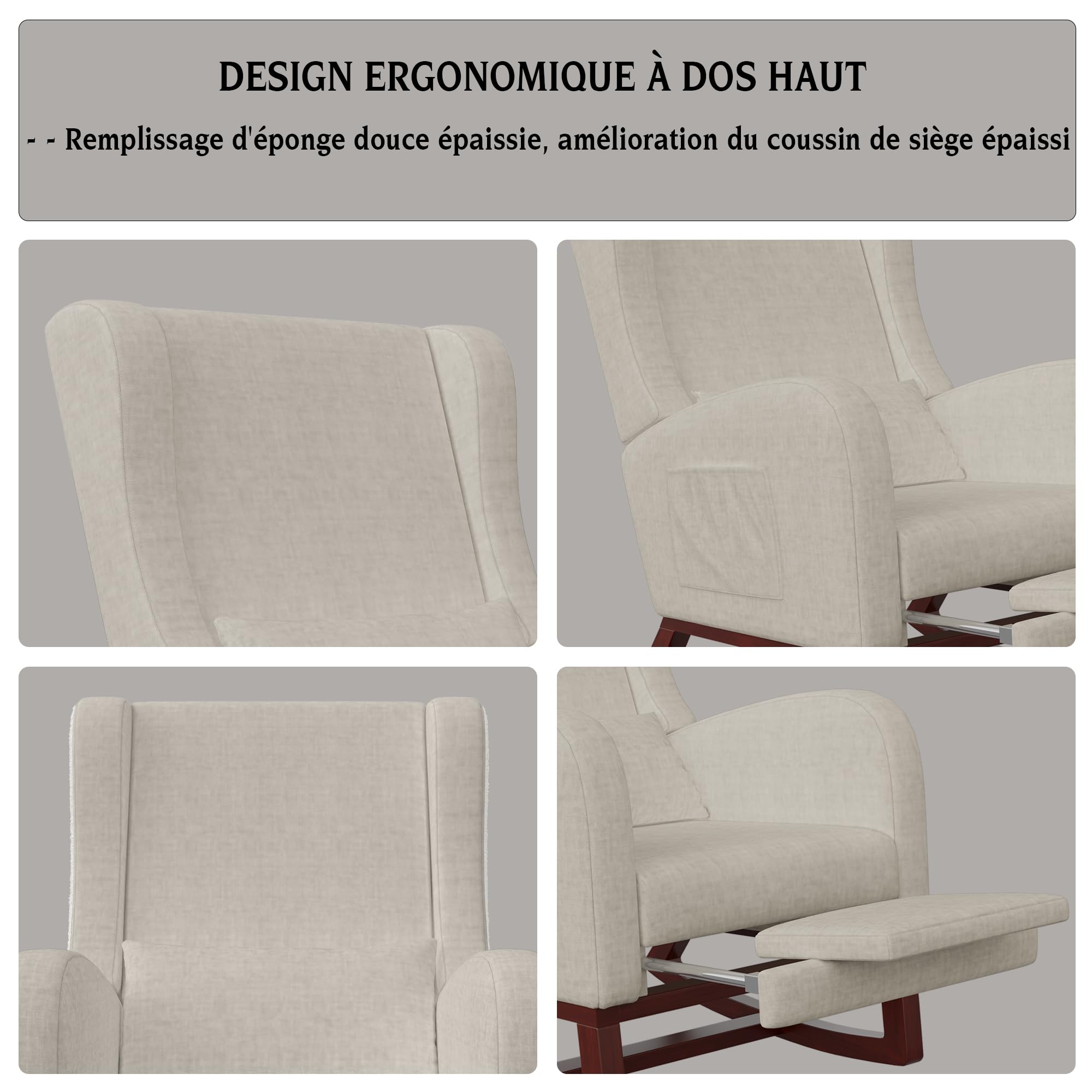 Générique Fauteuil à Bascule en Velours, Chaise a basule avec Oreiller Lombaire, Poche latérale et Repose-Pieds, Rocking Chair, Fauteuil de Salon à Bascule pour Salon, Chambre (Beige)