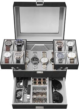 Dajasan Watch Box, Watch Case for Men, 8 Slot Watch Display Case, 3 Layers Large Sunglass Storage Organizer for Watch, Ring, Jewelry, Gift Idea, PU Leather Black