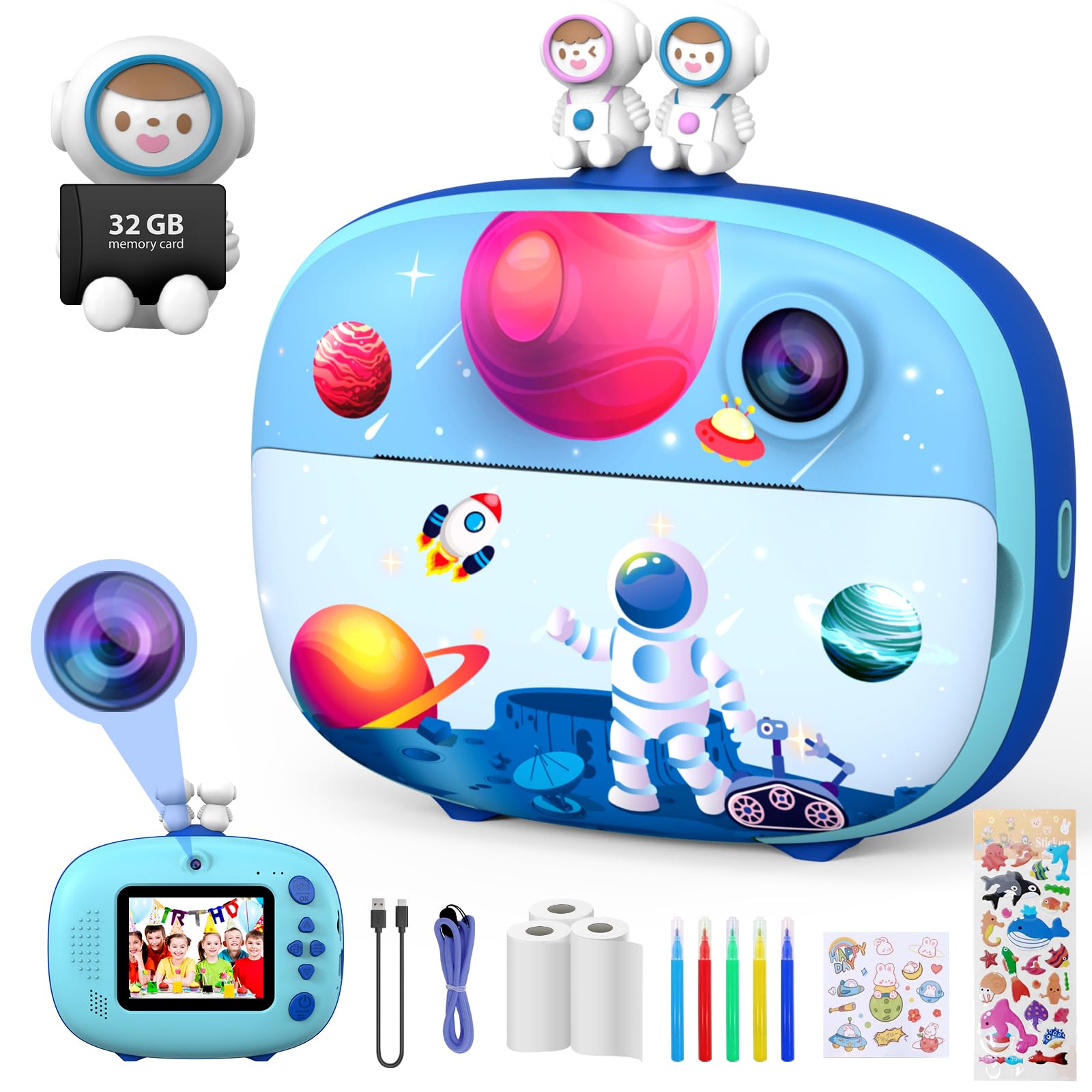 CHAKEYAKE Macchina Fotografica Bambini Istantanea,2,4 Pollici Digitale Fotocamera Bambini con 32GB TF Scheda e Carta Fotografica per Stampa, Regalo per Bambini dai 3-12 Anni (Pianeta Blu)