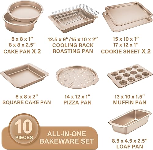 Miniatura 3 de HONGBAKE Juego de utensilios para hornear, juego de moldes para hornear, sartén antiadherente para horno de cocina con agarres más anchos, 10 piezas