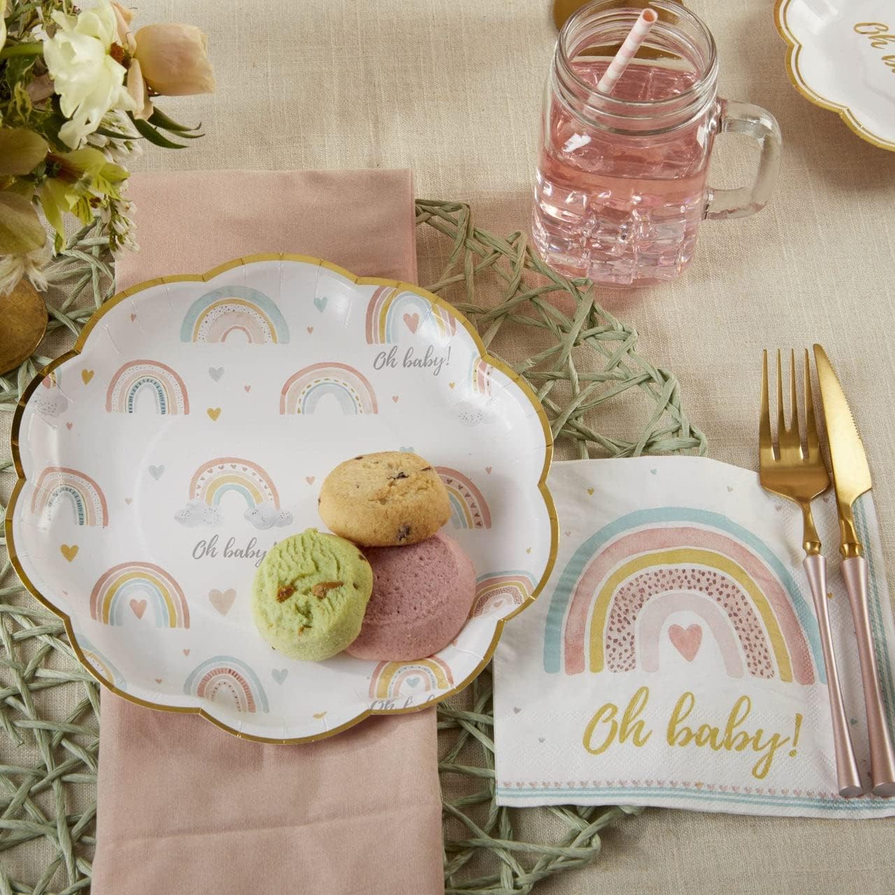 Kate Aspen 64 Pcs Boho Rainbow Paper Plates, 9 Inch Heavy Duty Disposable Party Plates, Party Supplies Tableware for Birthday, Baby Shower, Anniversary Party (Bulk)
