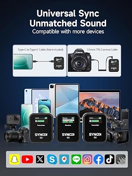 SYNCO G2(A2) Wireless Lavalier Microphone with 48KHz 24Bit Noise Reduction 656FT Range Camera Microphone for DSLR/iPhone/Android/Laptop, Lapel Mic for Vlogging Streaming YouTube