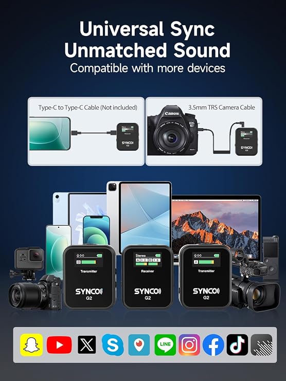 SYNCO G2(A2) Wireless Lavalier Microphone with 48KHz 24Bit Noise Reduction 656FT Range Camera Microphone for DSLR/iPhone/Android/Laptop, Lapel Mic for Vlogging Streaming YouTube