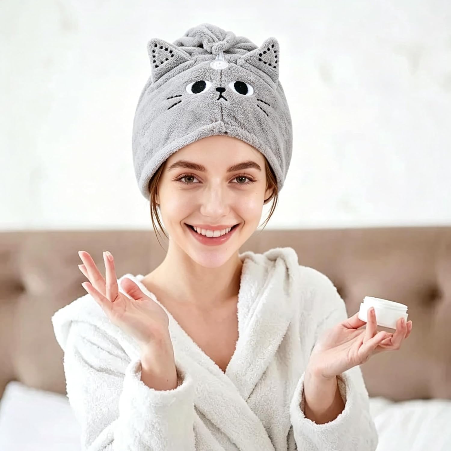 2 Pack Cat Microfiber Hair Towel Wrap for Women & Kids, Super Absorbent Hair Turban with Button