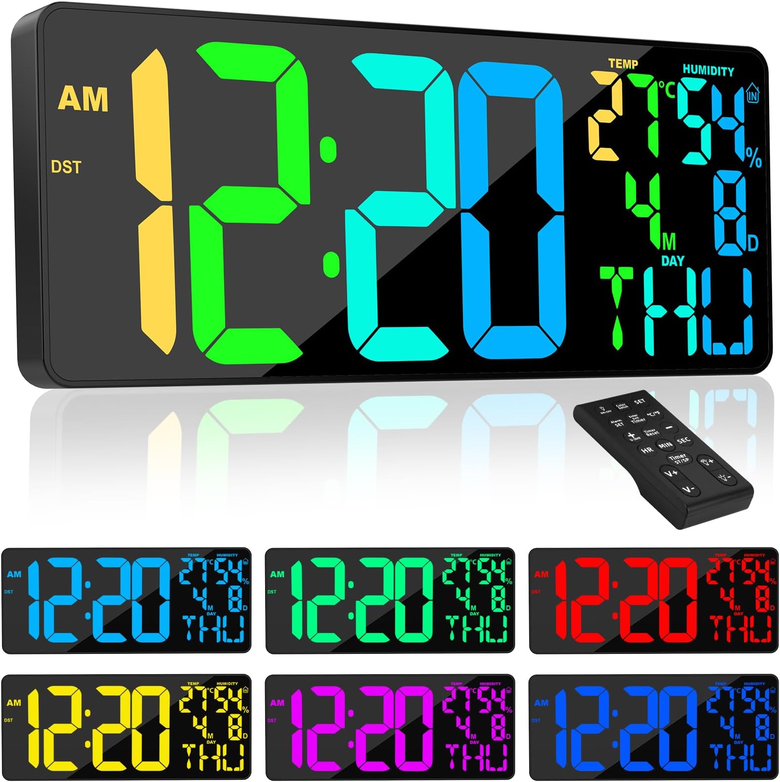 [Oversized] 18" Digital Wall Clock Large Display, 11 RGB Color Changing Large Digital Wall Clock with Remote, Date, DST, Temperature, Auto Brightness Digital Alarm Clock for All Large Spaces Use, Gift