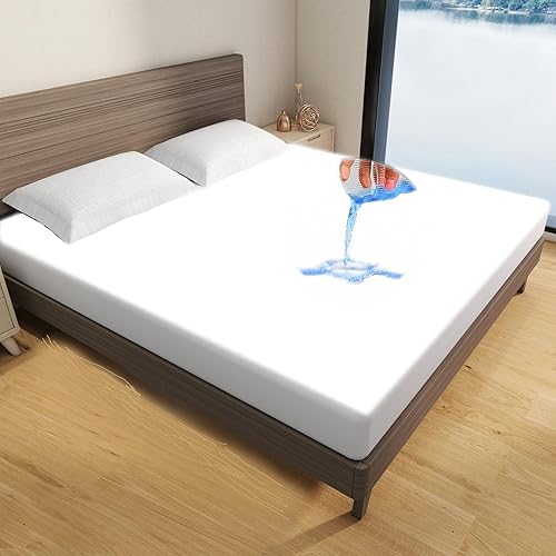 WINGLAM Protector de colchón impermeable de tamaño matrimonial, funda de colchón sin ruido de tela de aire 3D, refrescante y transpirable, lavable a