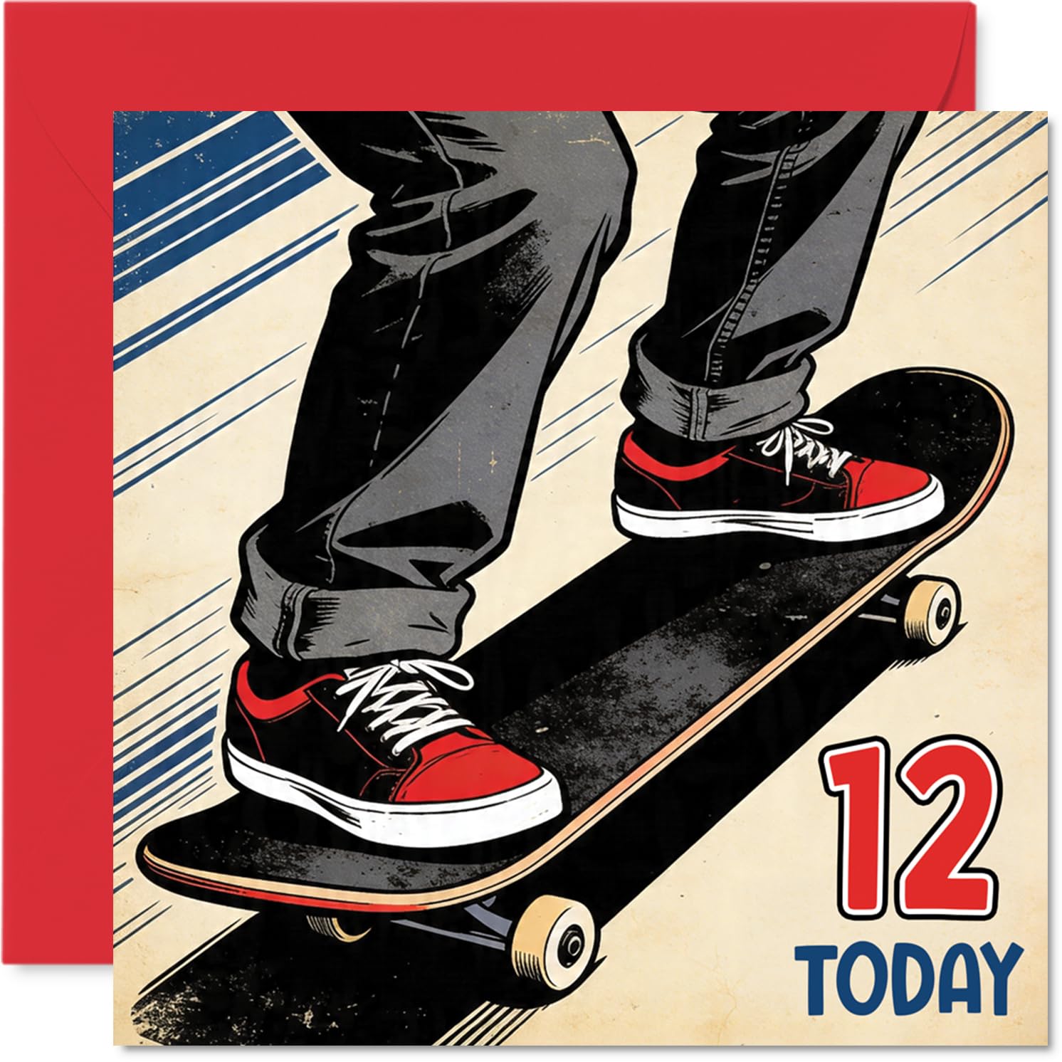 Playful 12th Birthday Card - Kickflip into Your Big Day - Dynamic Skateboarder Design with Bold '12 TODAY' - Bursting with Birthday Energy - 145mm Square, Envelope Included