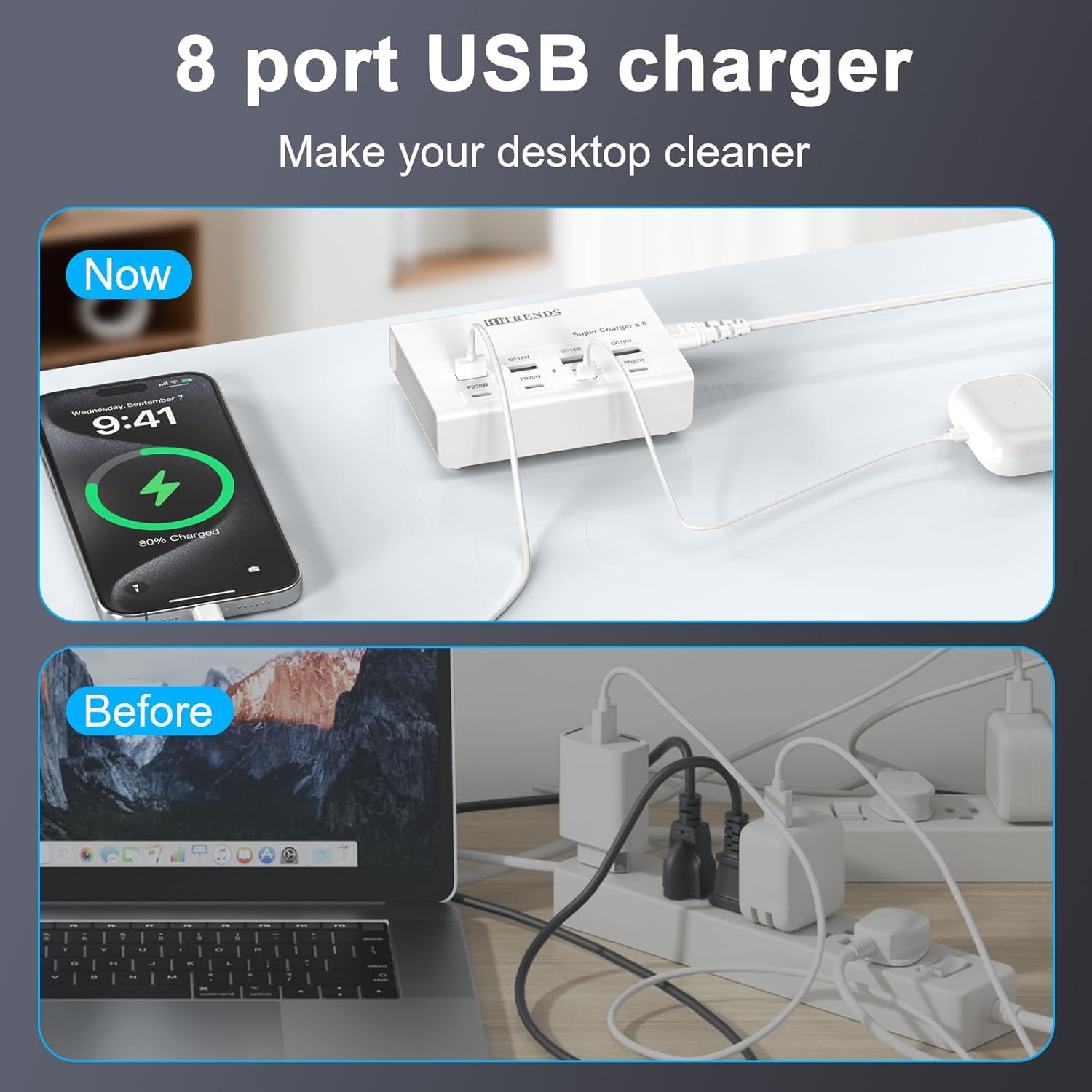 USB Charger with USB C PD20W and USB A QC18W, HITRENDS 60W PD Fast Charging Station, 5ft 8-Port Multiple Desktop Multi Port USB Charging Hub Compatible with iPad iPhone 17/16/15/14, Galaxy S24/S23/S22