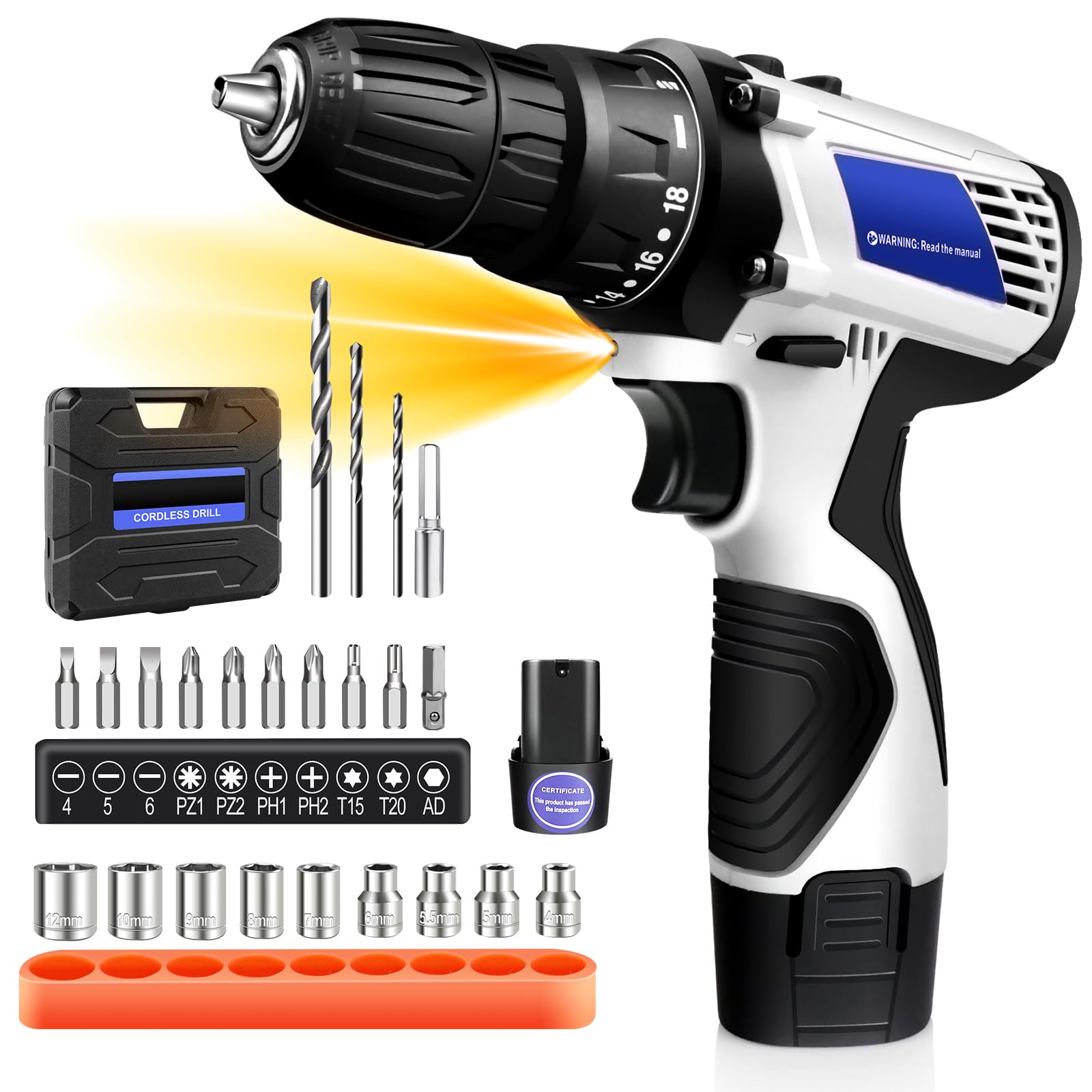 Huini 16.8V Cordless Drill,Electric Screwdriver Set,45Nm Cordless Combi Drill with 18+1 Torque Setting,1.5AH Li-ion Battery，23CS Accessories, LED Work Light,Home and Garden DIY Project Kit