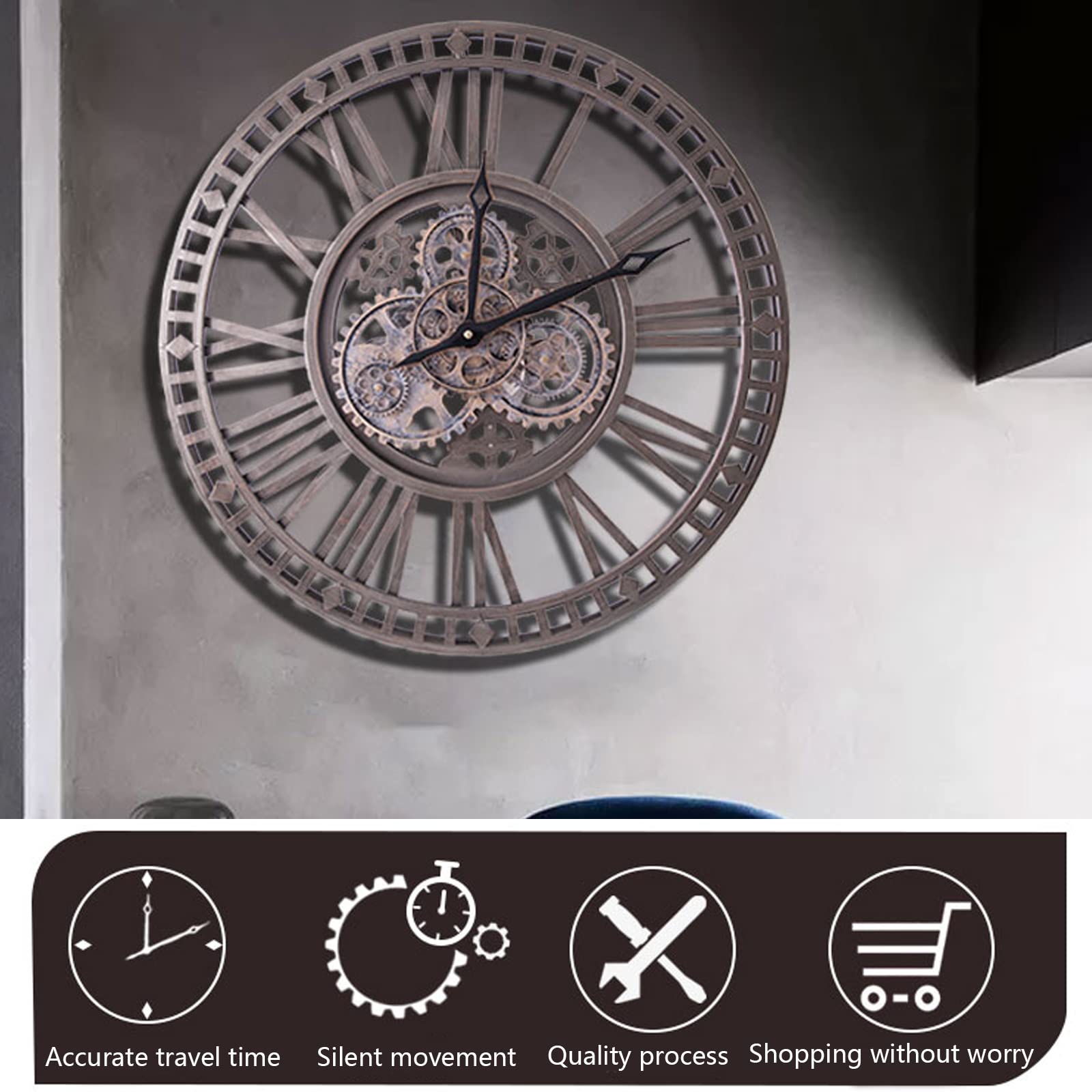 Reloj De Pared Grande Salon Engranajes Giratorios, NúMeros Romanos Retro para Bar CafeteríA Cocina 24 Pulgadas