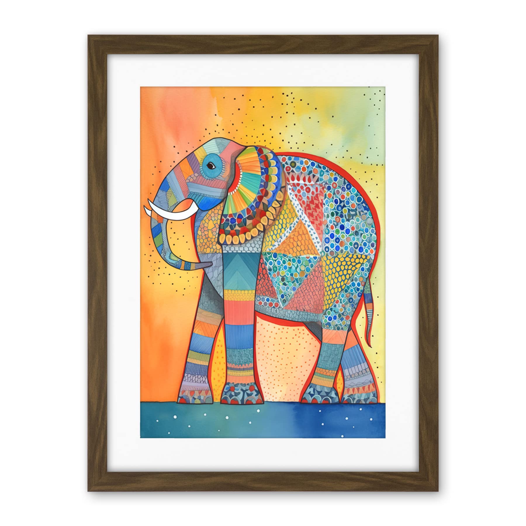 Artery8 Elephant With Geometric Patterns Folk Art Watercolour Painting Artwork Framed Wall Art Print 18X24 Inch