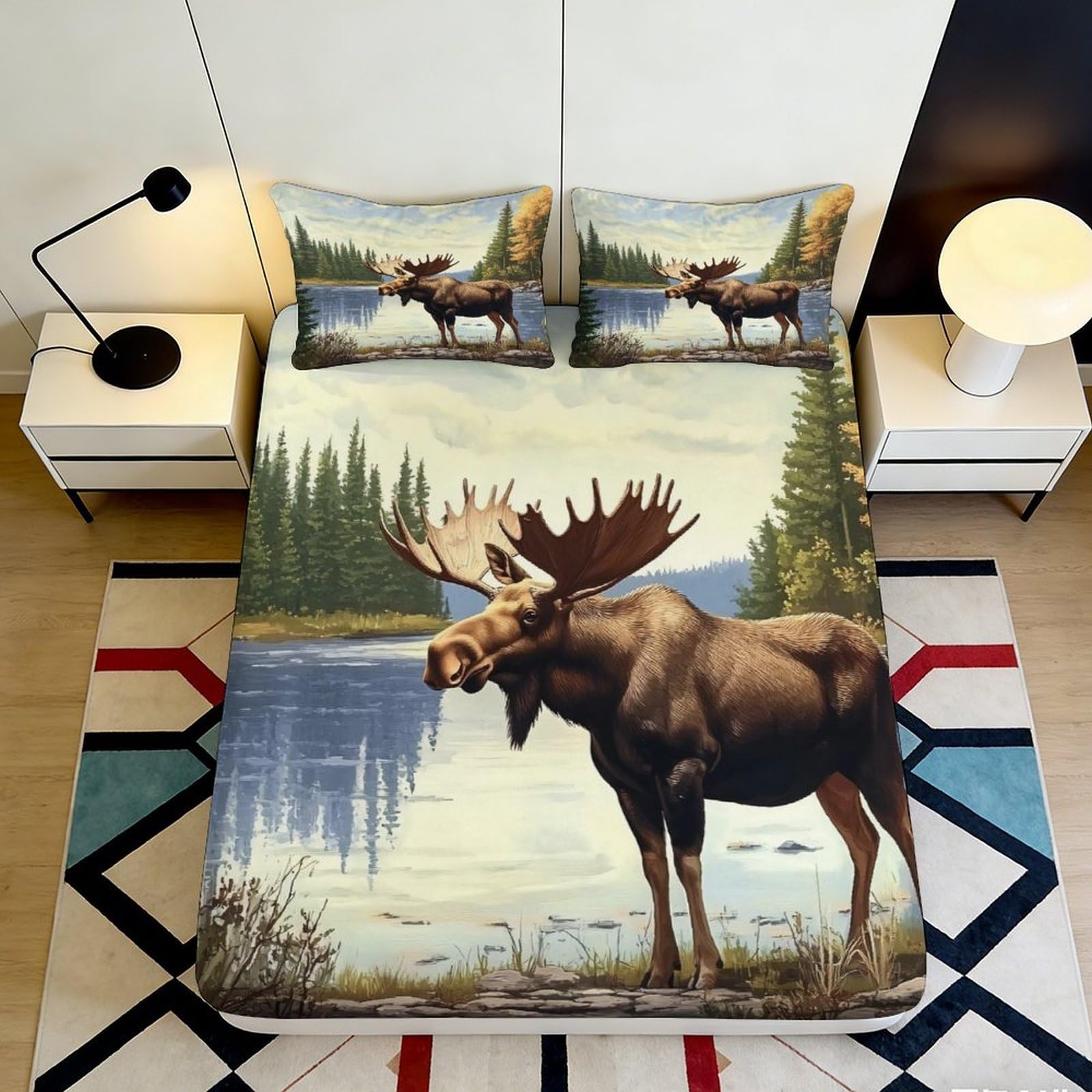 3D Printed Moose Lake Fitted Sheet Microfiber Soft Anti-Slip Forest Animal Mattress Cover for Bedroom Dorm Decor 90x200x25cm