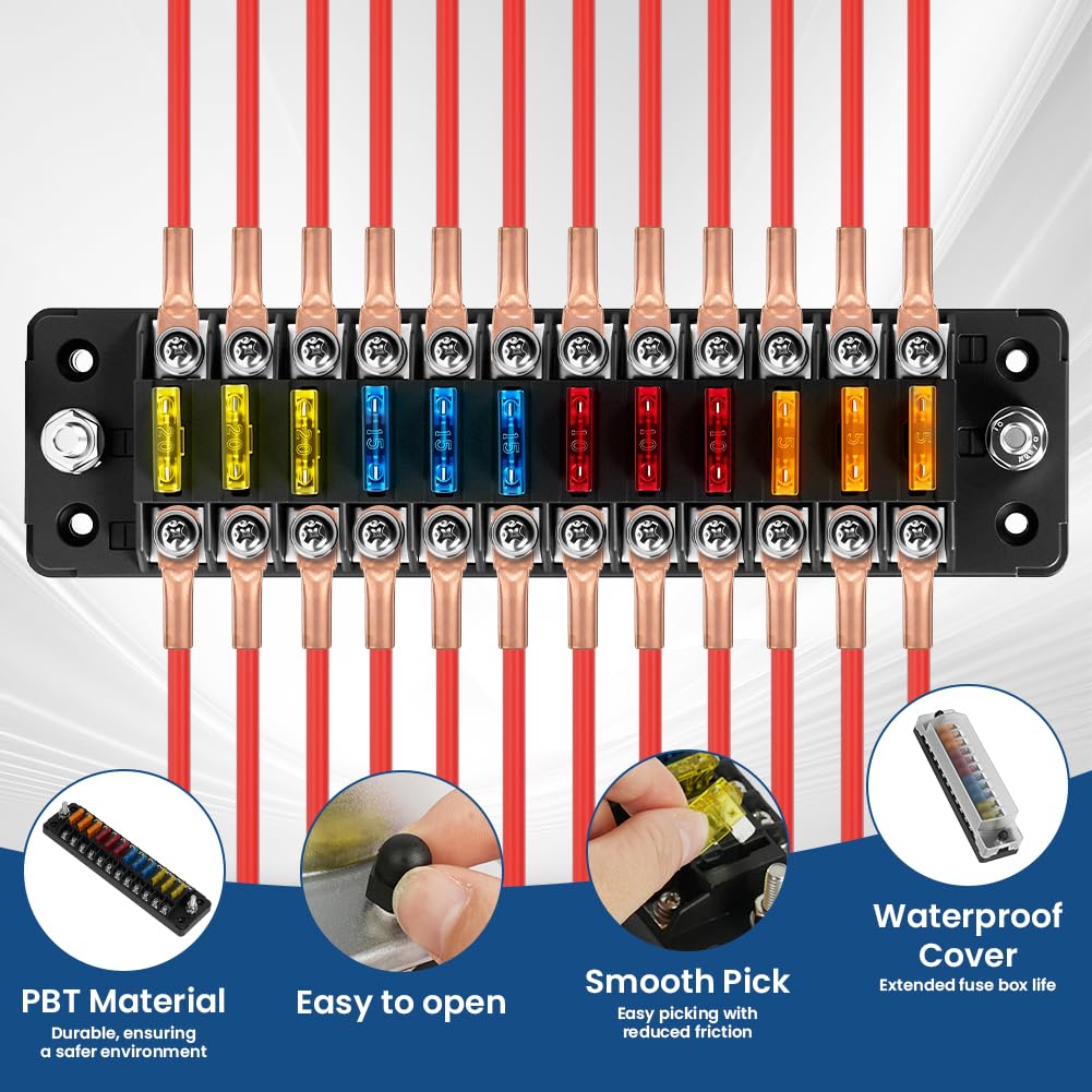 Flintronic Scatola Fusibili 12 Vie, Portafusibili Lama Atc/Ato, 24 Fusibili, Con Indicatore Led E Impermeabile Coperchio Di Protezione, Per Auto, Barca, Furgone, Suv, Moto- Rettangolo * Stile A