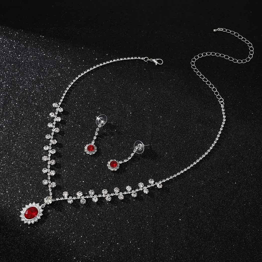 Ushiny Bridal Wedding Jewellery Set Silver Sparkly Necklace and Earrings Set including Red Rhinestone Crystal Prom Anniversary Party Jewellery for Women and Girls - Image 3