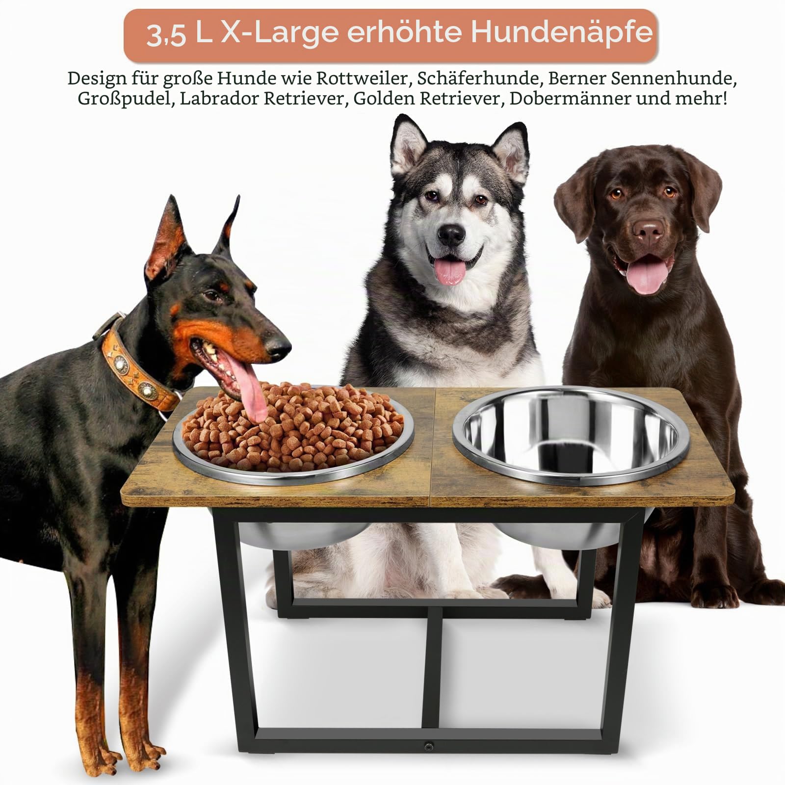 Erhöhte Hundenäpfe für große Hunde, erhöhter Hundenapfständer mit Zwei XL-Edelstahlnäpfen für Hunde, 3,5 l Fassungsvermögen, rustikales Braun