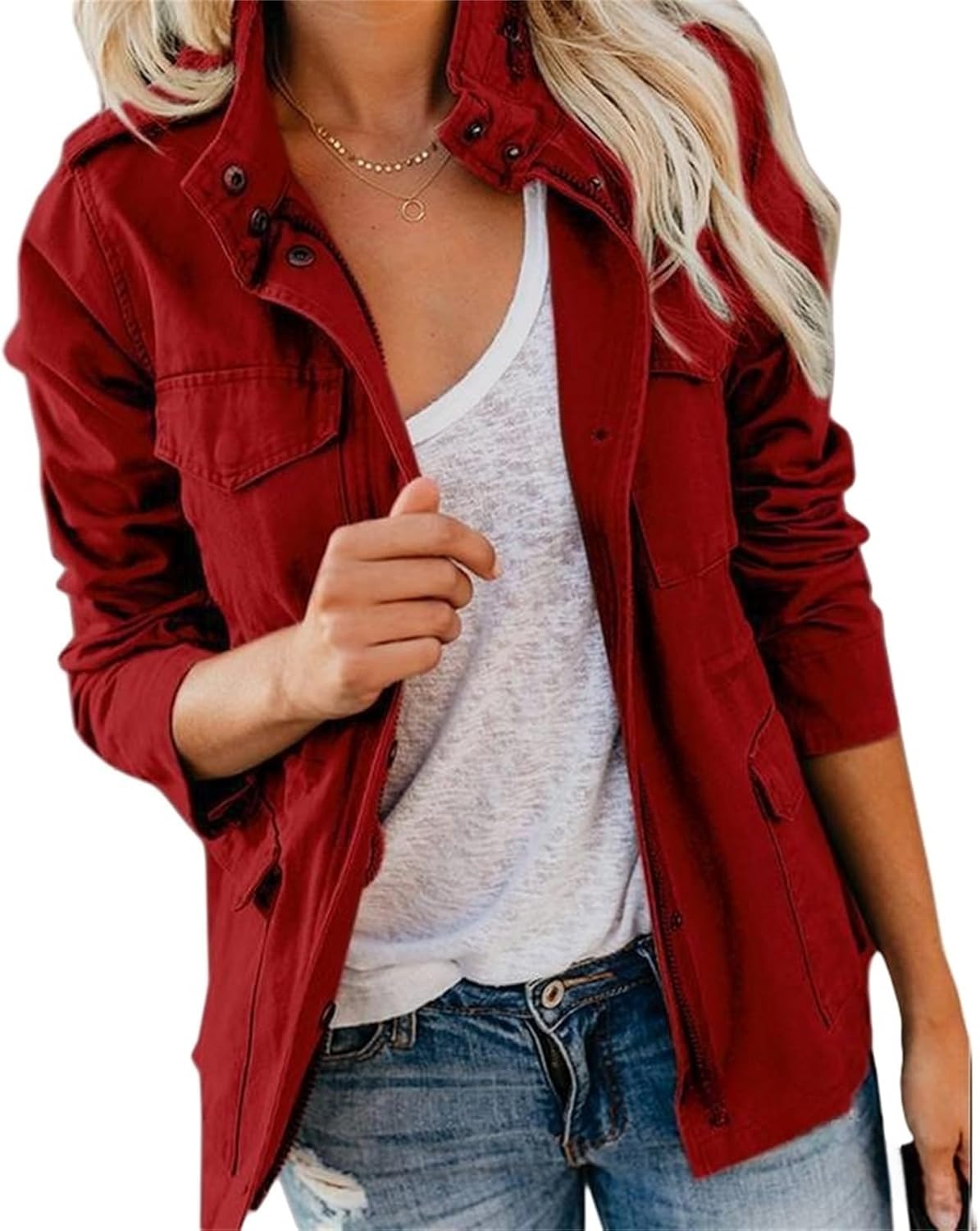 Womens Military Jacket, Lightweight Utility Anorak Field Safari Coat Outwear, Zip Up Snap Buttons Parka with Pocket