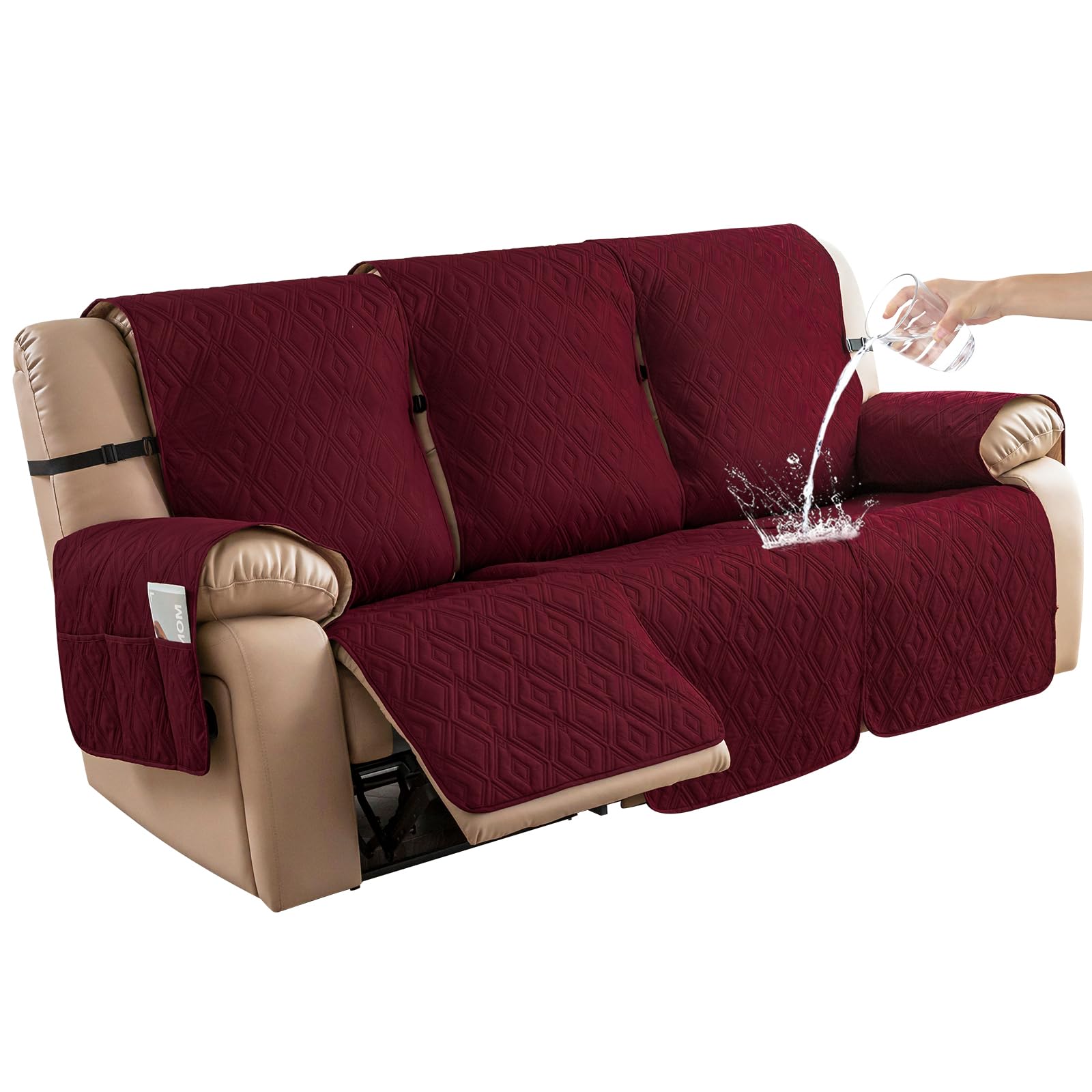 Genina Waterproof Reclining Couch Cover for 3 Seater Non-Slip, Washable Sofa Covers for 3 Cushion, Furniture Protector for Dogs Pets Kids (Wine Red,