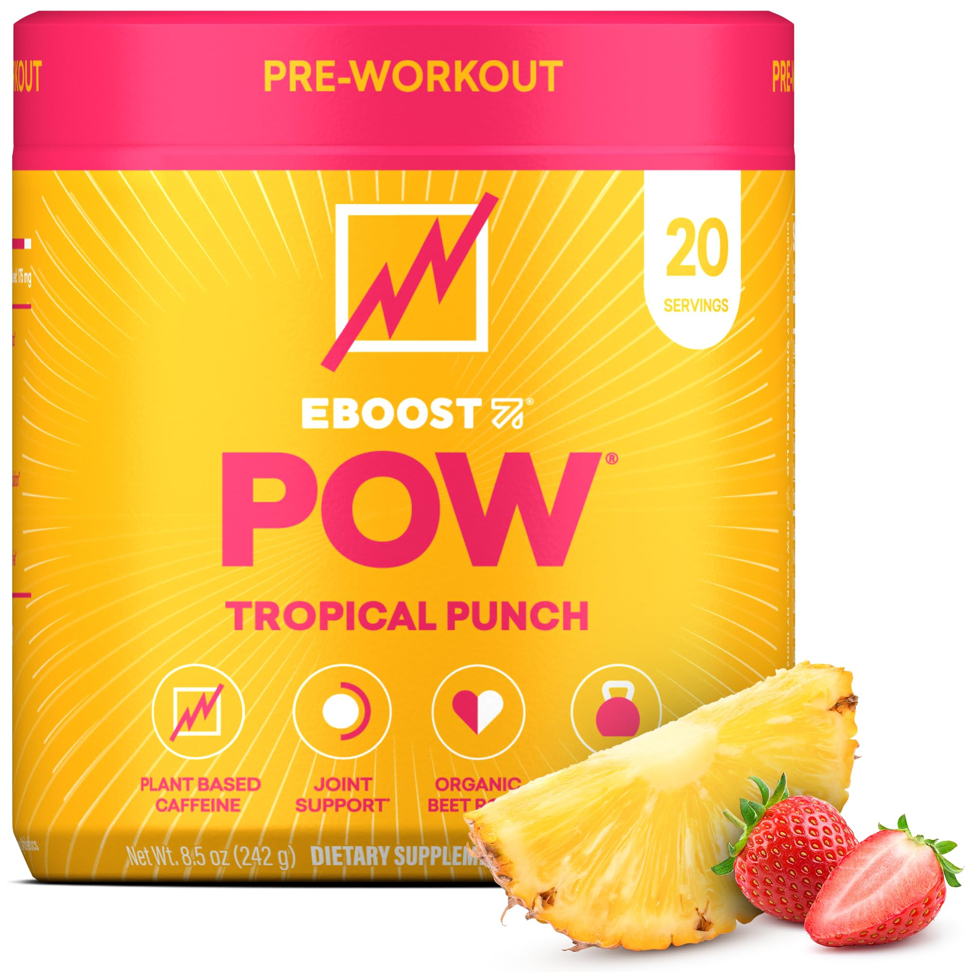 EBOOST Pré-treino em pó com cafeína, beta-alanina, L-tirosina, L-teanina e beterraba — sabor Tropical Punch, 20 porções