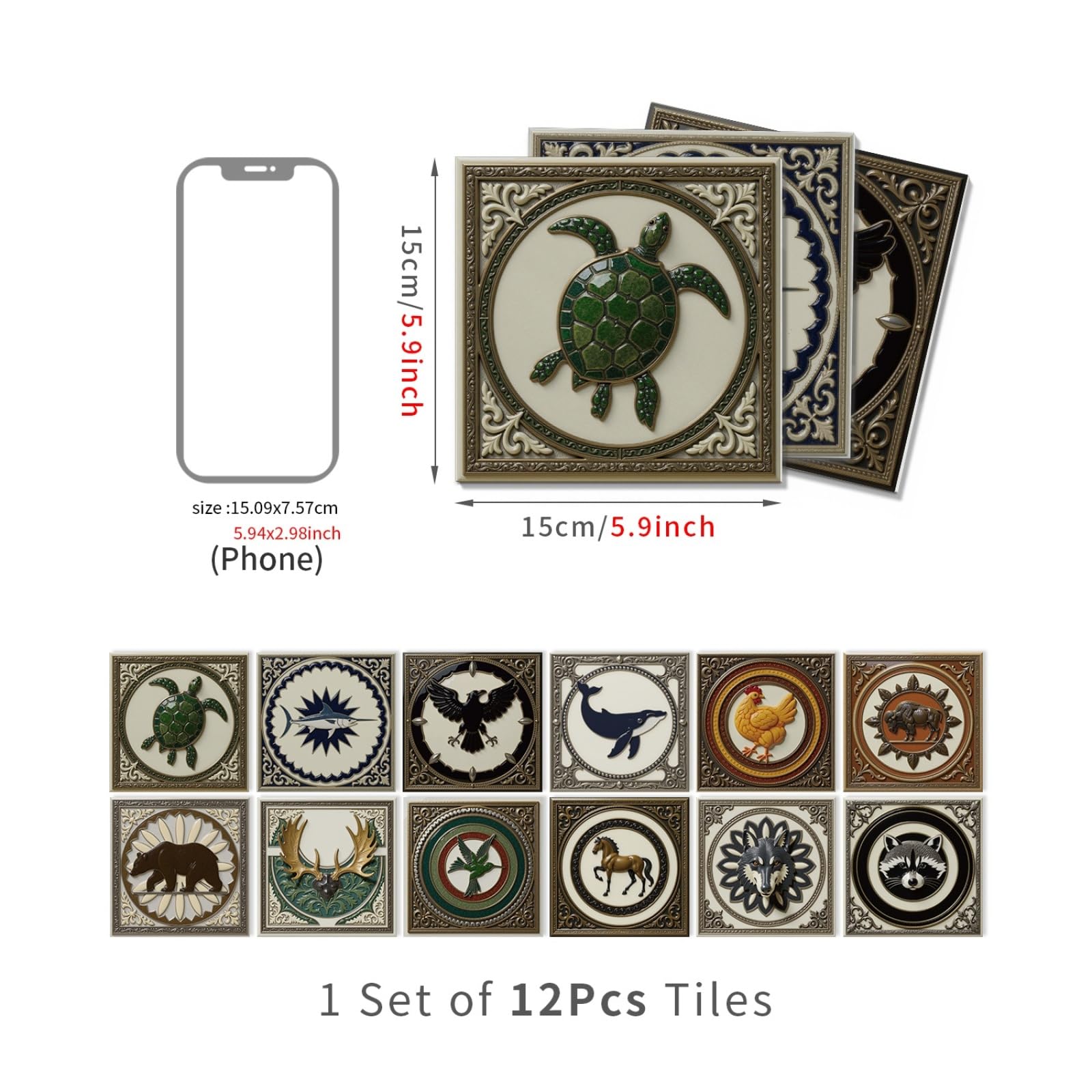 Azulejos Adhesivos Baño 15x15 cm Verde Marrón Animales Vinilo Pared Cocina Pelar Y Pegar Impermeable para Muebles Chimenea Gabinete Baldosas Adhesivas Pared Decorativos 24 Piezas