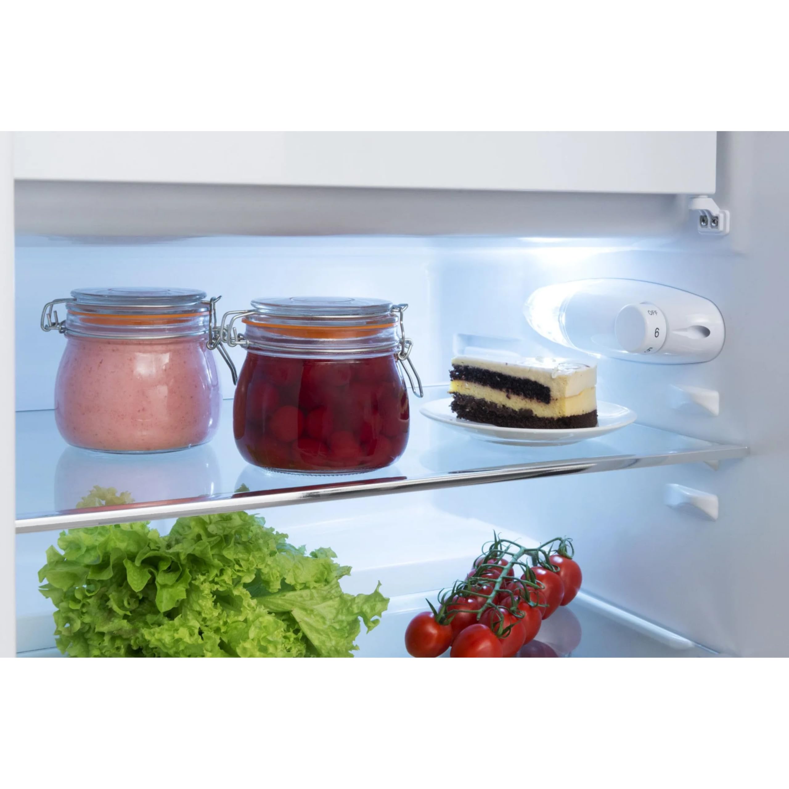 Amica Kühlschrank mit Gefrierfach 136 L 85x60x64,8 cm KS 15915 W | 117 L Kühlteil, 19 L Gefrierteil, LED Beleuchtung, Gemüseschublade, Wechselbarer Türanschlag, Glasablage