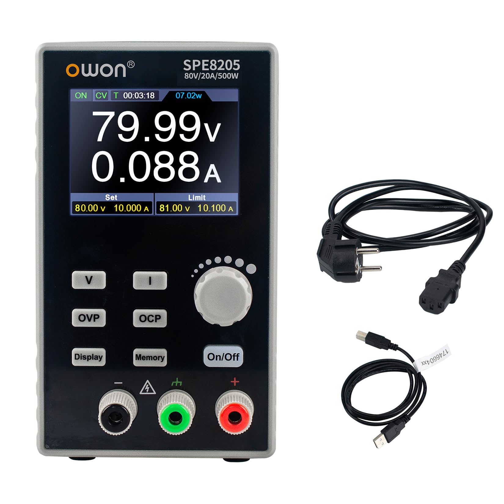 OWON SPE8205 Alimentation CC programmable (0-80 V 0-20 A), Puissance de Sortie 500 W, Ensemble d'alimentation de Banc résolution 10 mV/1 mA, Alimentation CC avec Sortie Stable