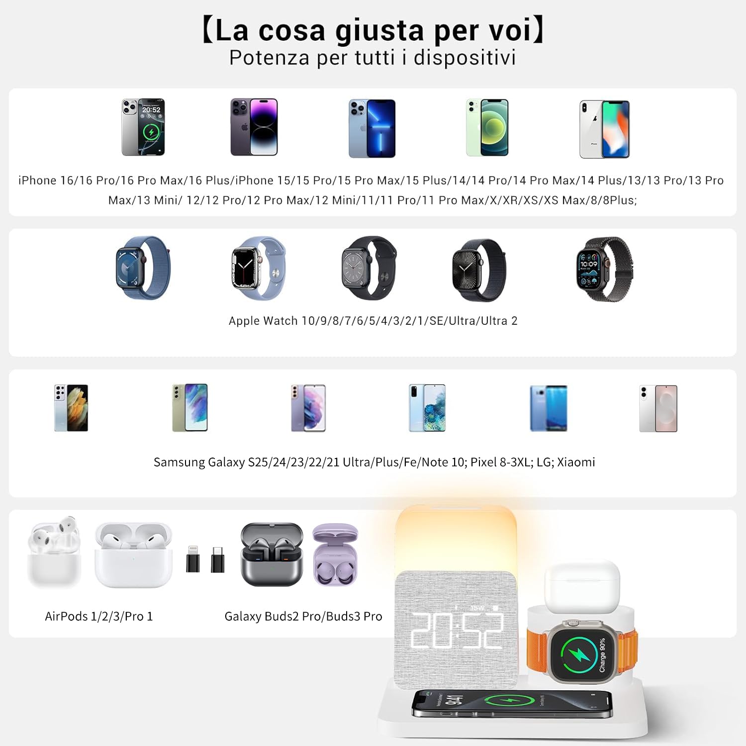 【2025 Upgrade】3 in 1 Caricatore Wireless iPhone Apple Watch AirPods, Caricabatterie per Samsung, Lampada da comodino touch, senza fili, 3 funzioni, sveglia, stazione di ricarica 16/15/14/13 accessori
